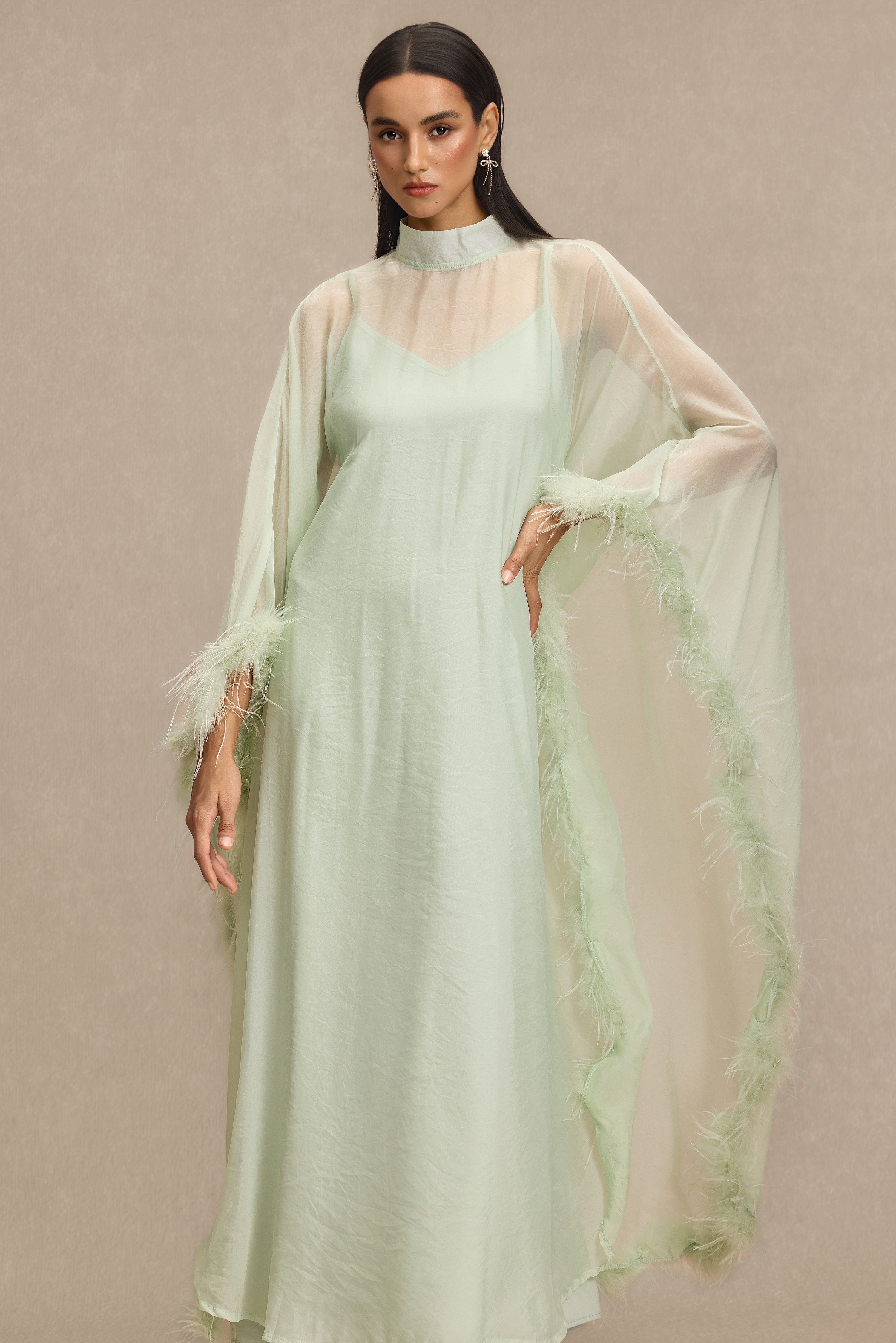 Feather Cape Stand Collar Maxi Dress