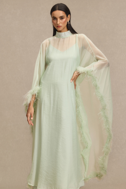 Feather Cape Stand Collar Maxi Dress