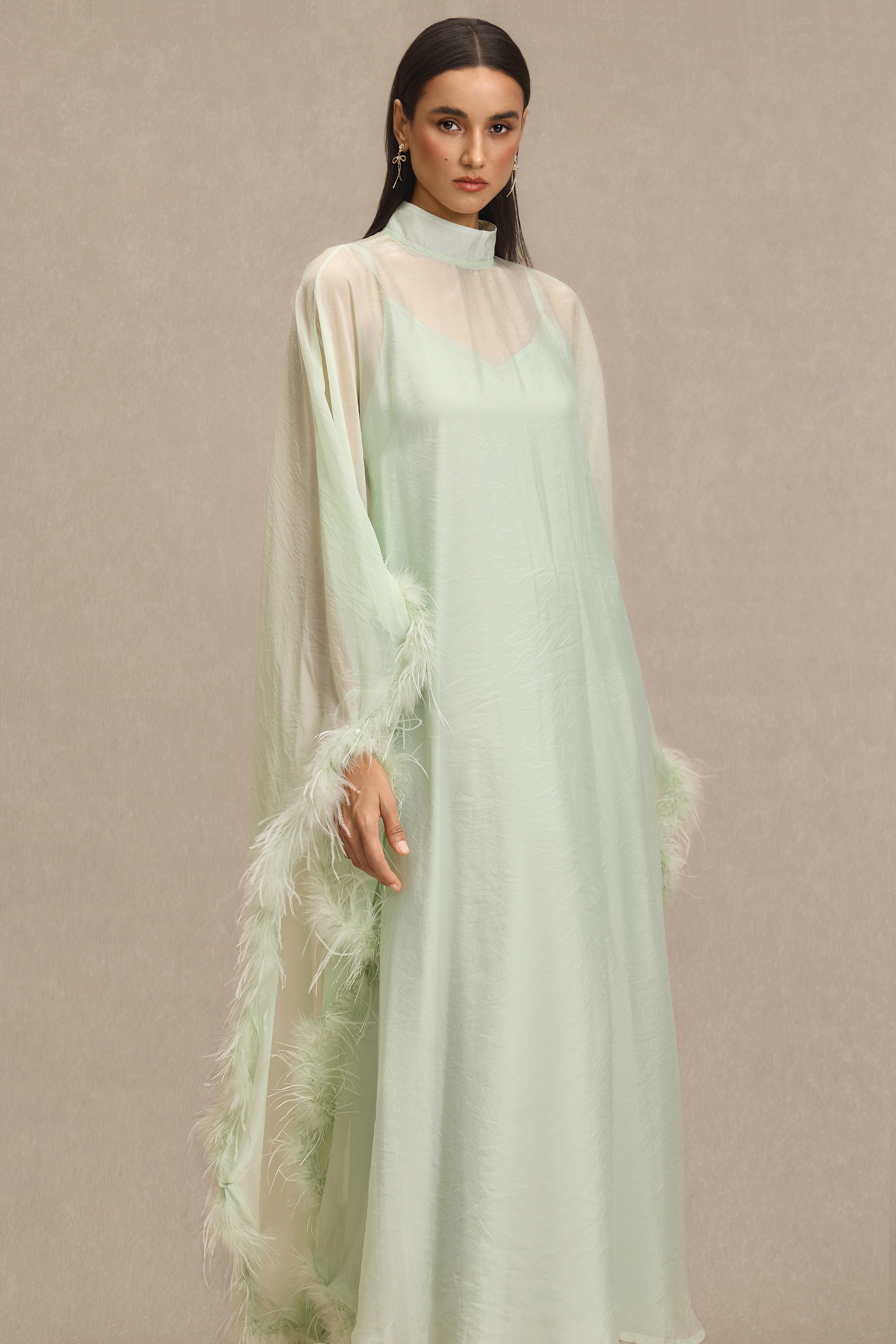 Feather Cape Stand Collar Maxi Dress
