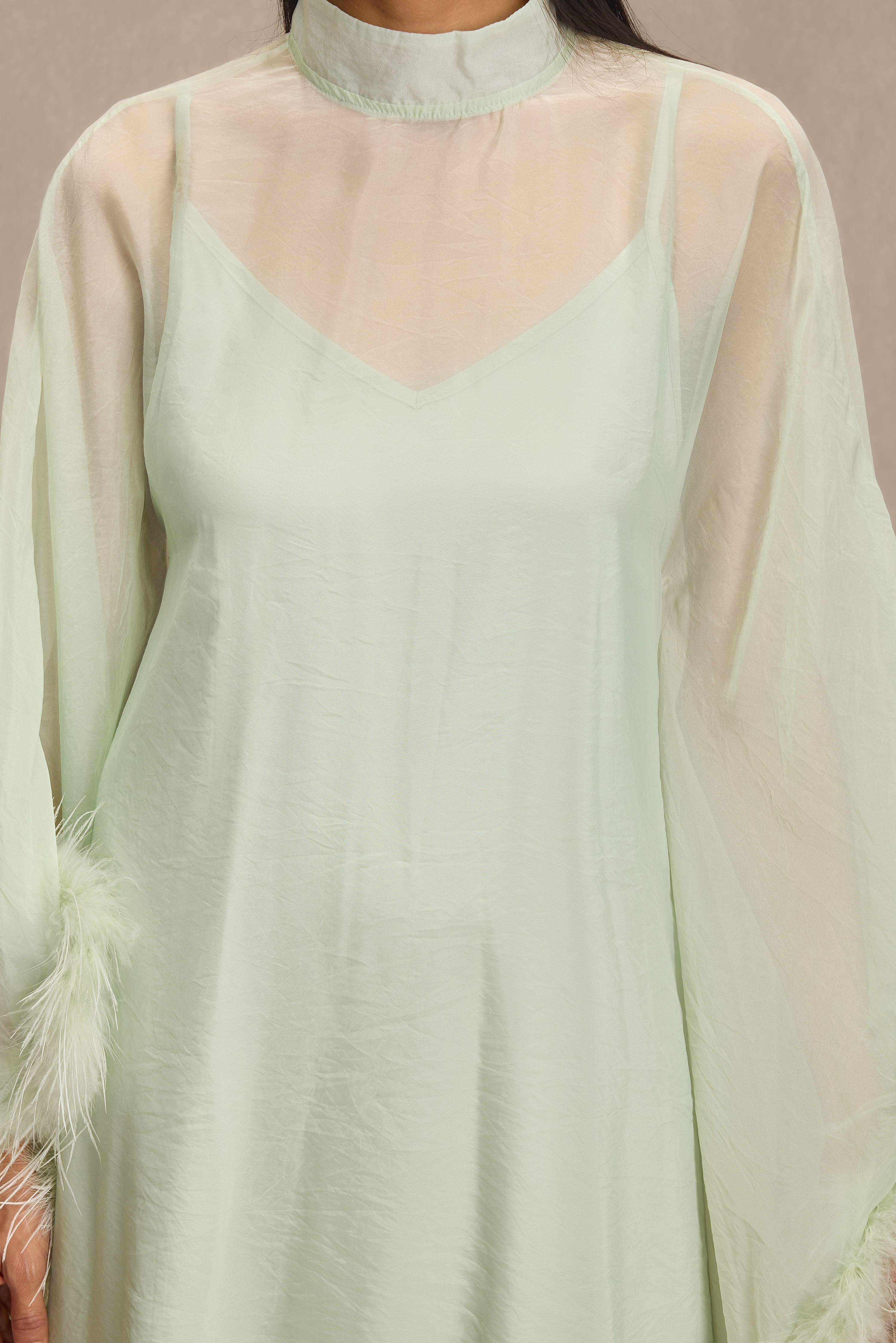 Feather Cape Stand Collar Maxi Dress