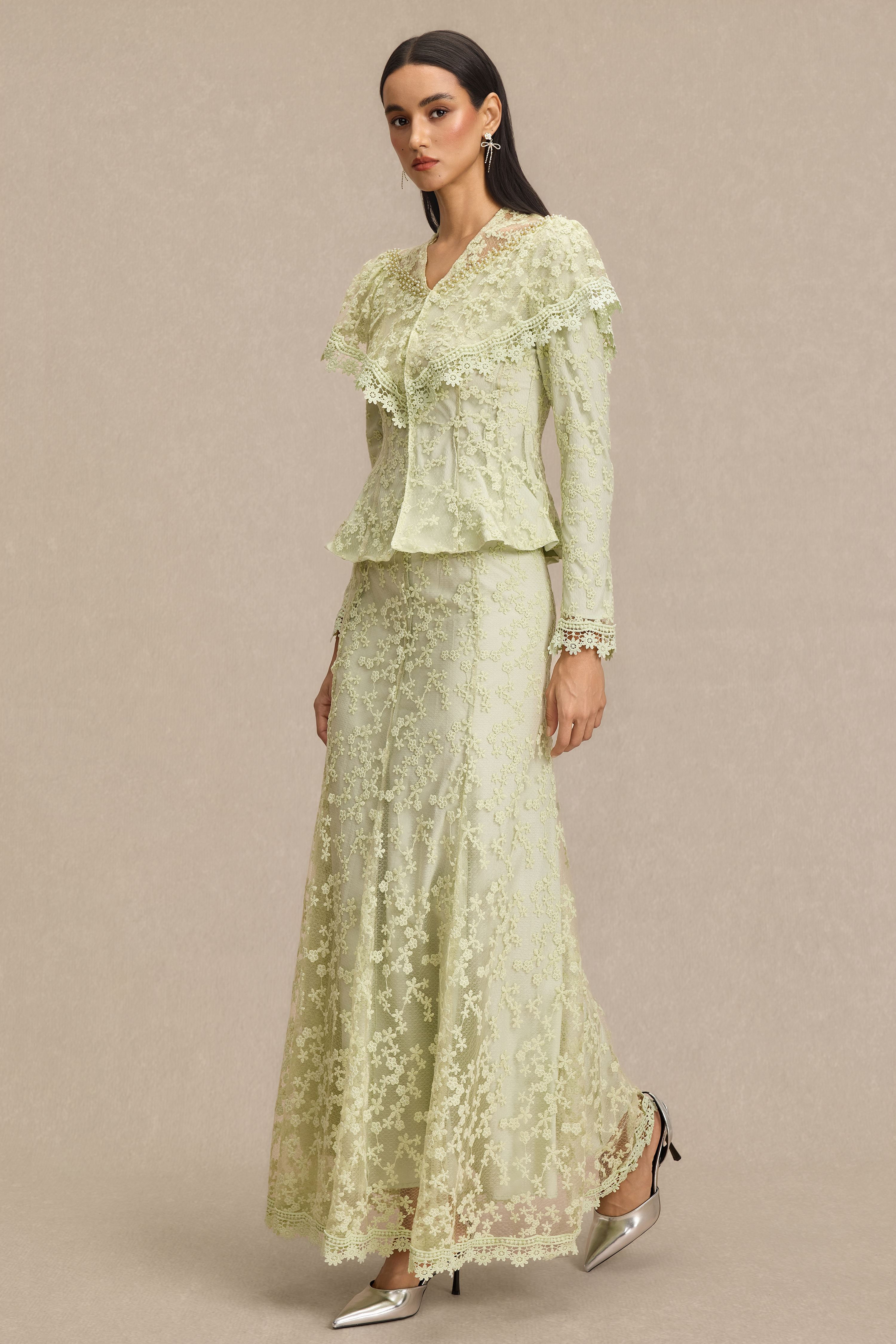 Lace Ruffle Top & High Waist Maxi Skirt Set