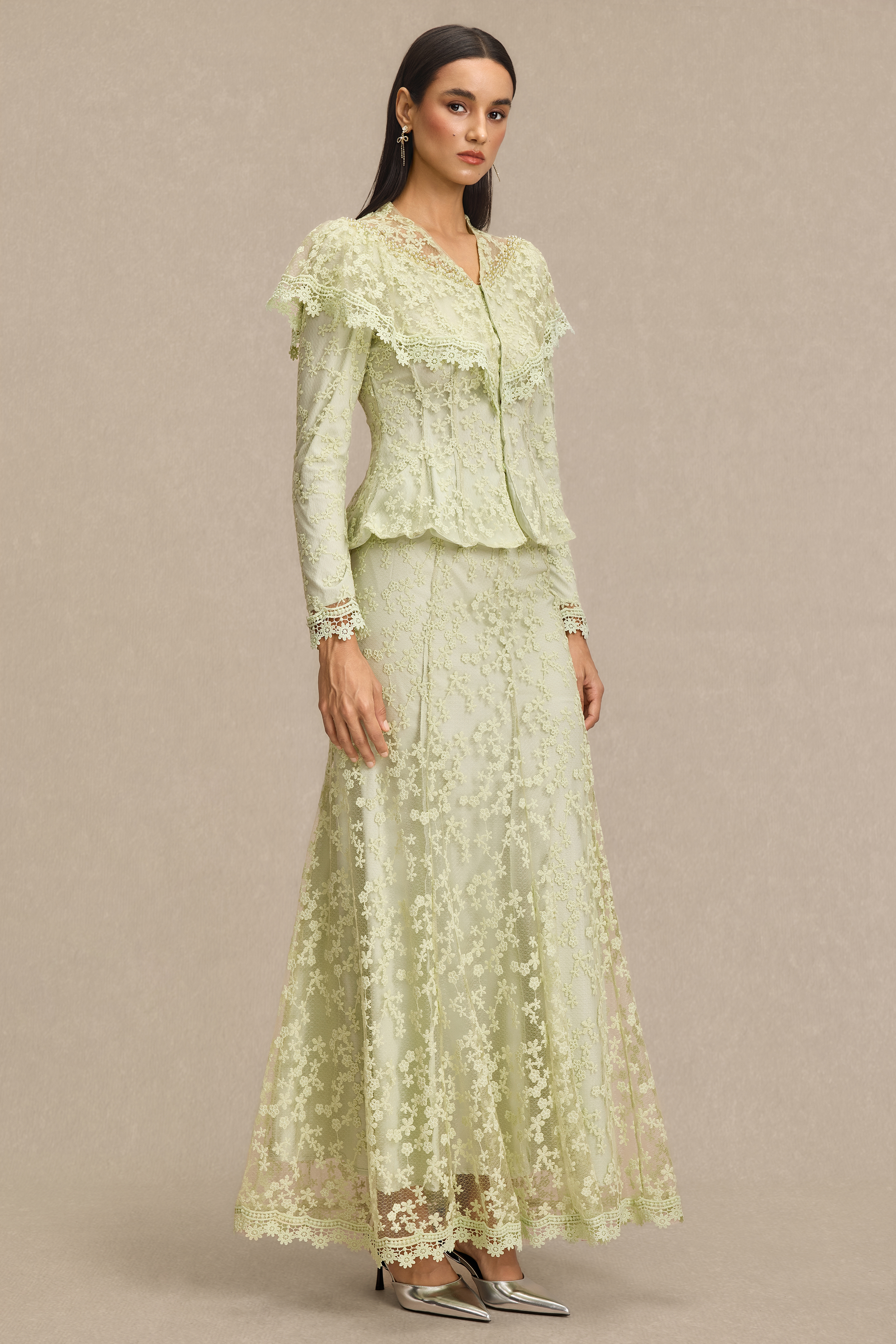 Lace Ruffle Top & High Waist Maxi Skirt Set