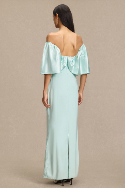 Satin Off Shoulder Pleated Maxi Dress