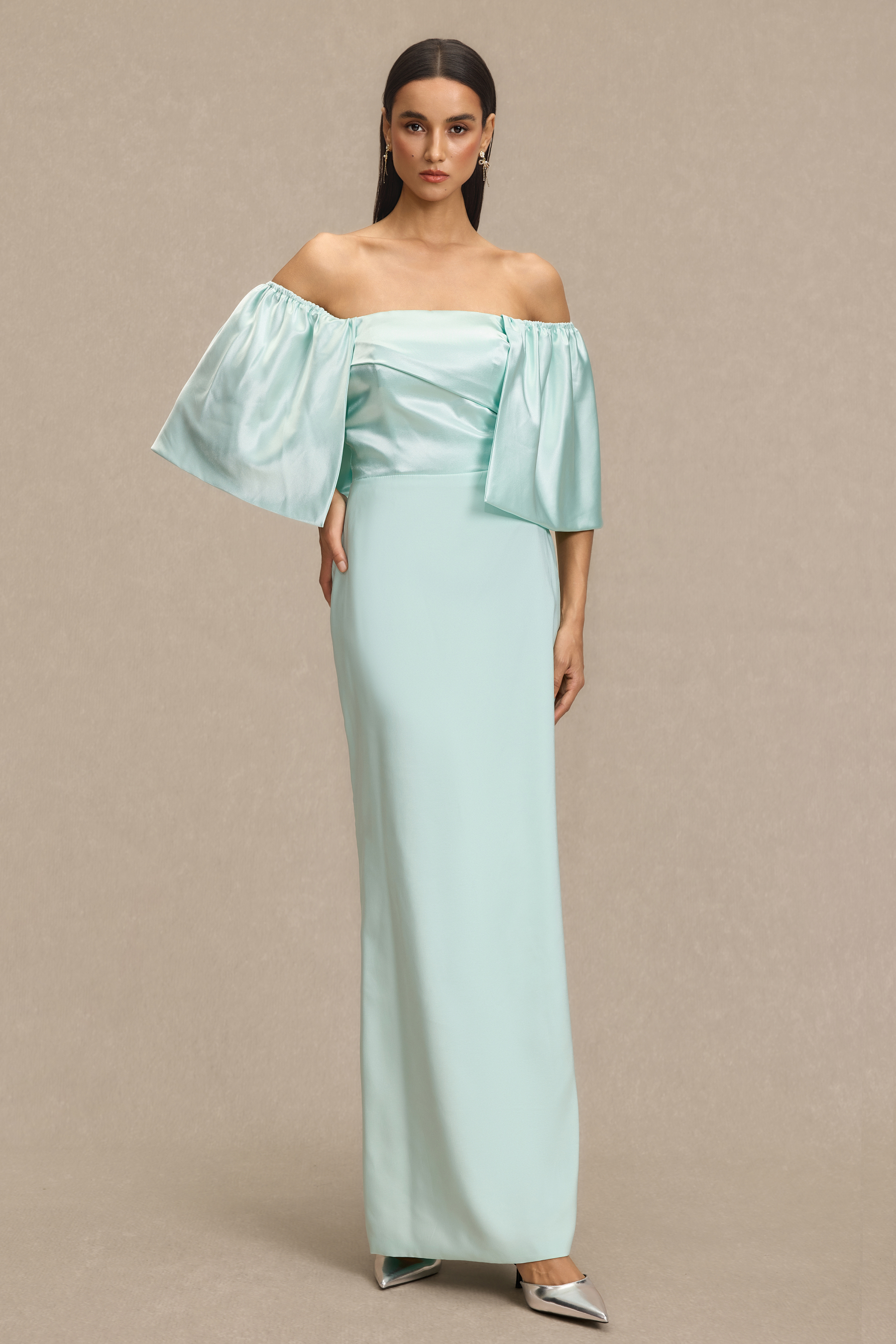 Satin Off Shoulder Pleated Maxi Dress