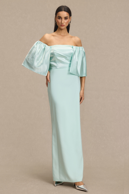 Satin Off Shoulder Pleated Maxi Dress