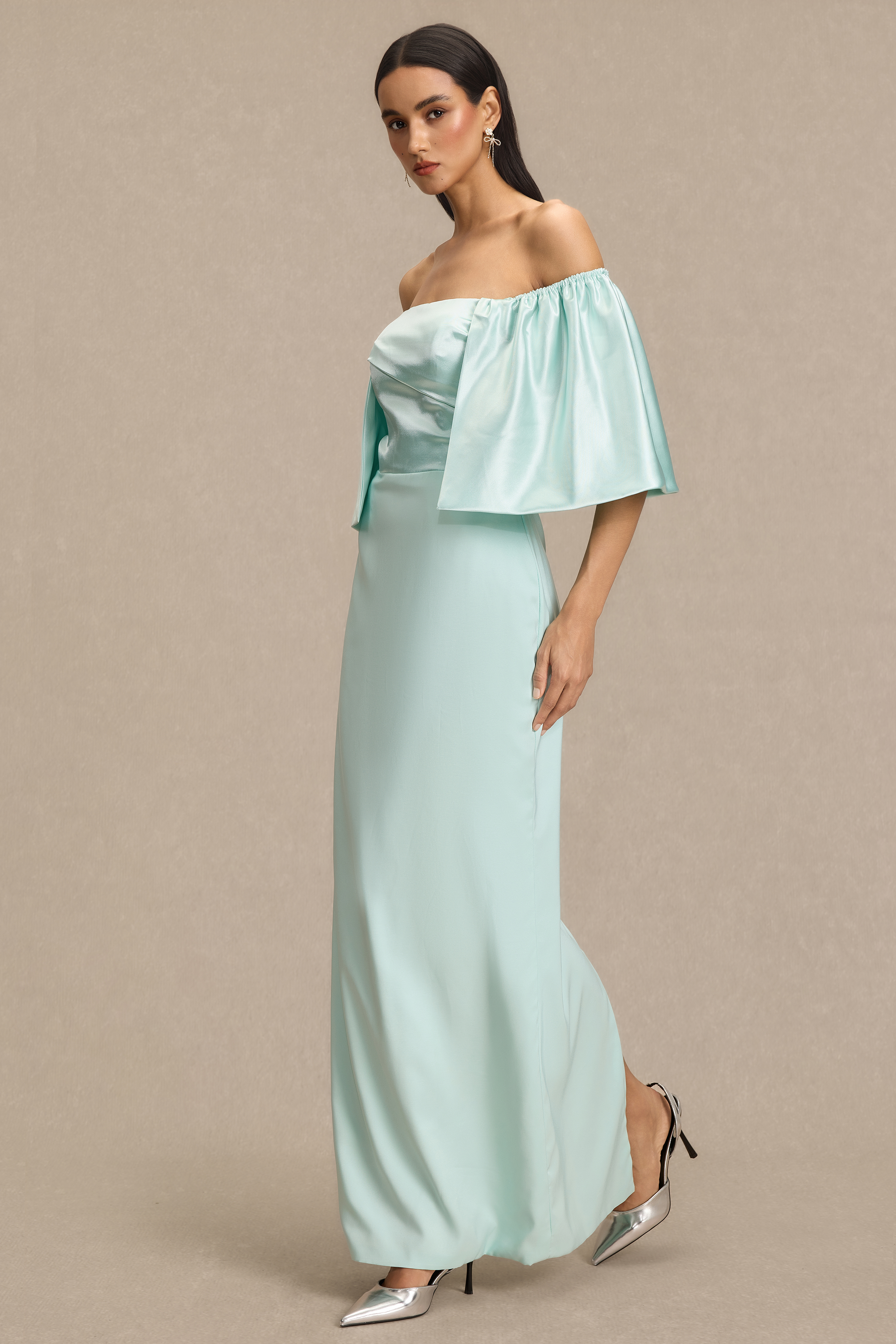 Satin Off Shoulder Pleated Maxi Dress