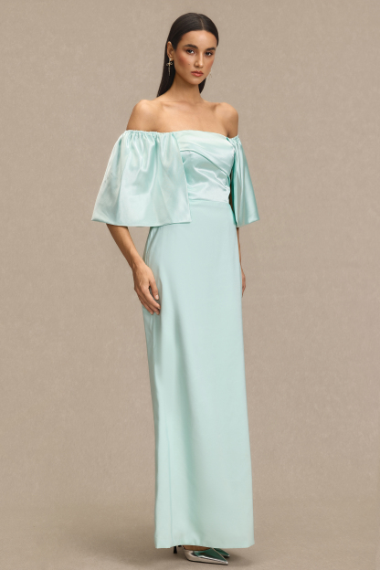 Satin Off Shoulder Pleated Maxi Dress
