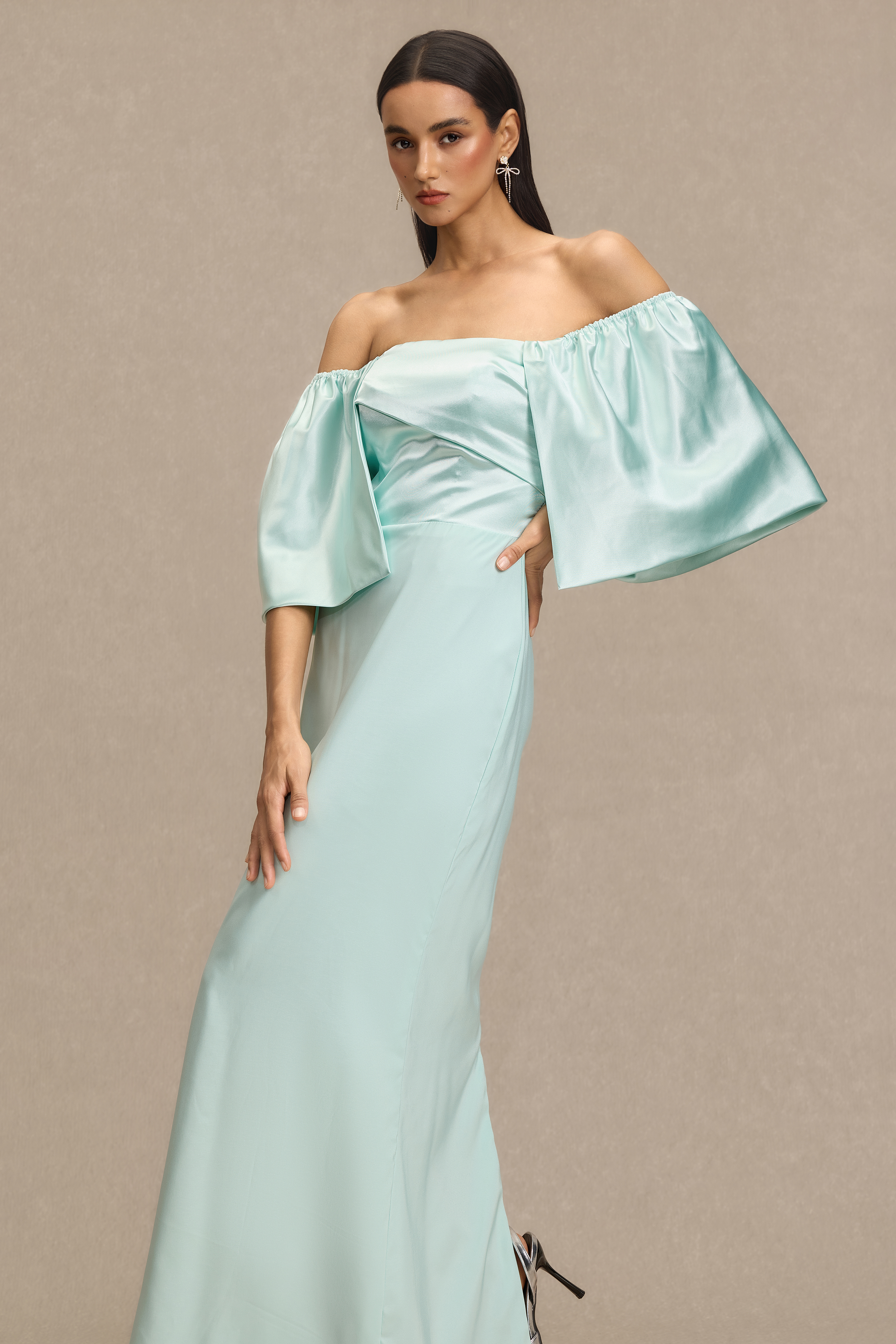 Satin Off Shoulder Pleated Maxi Dress