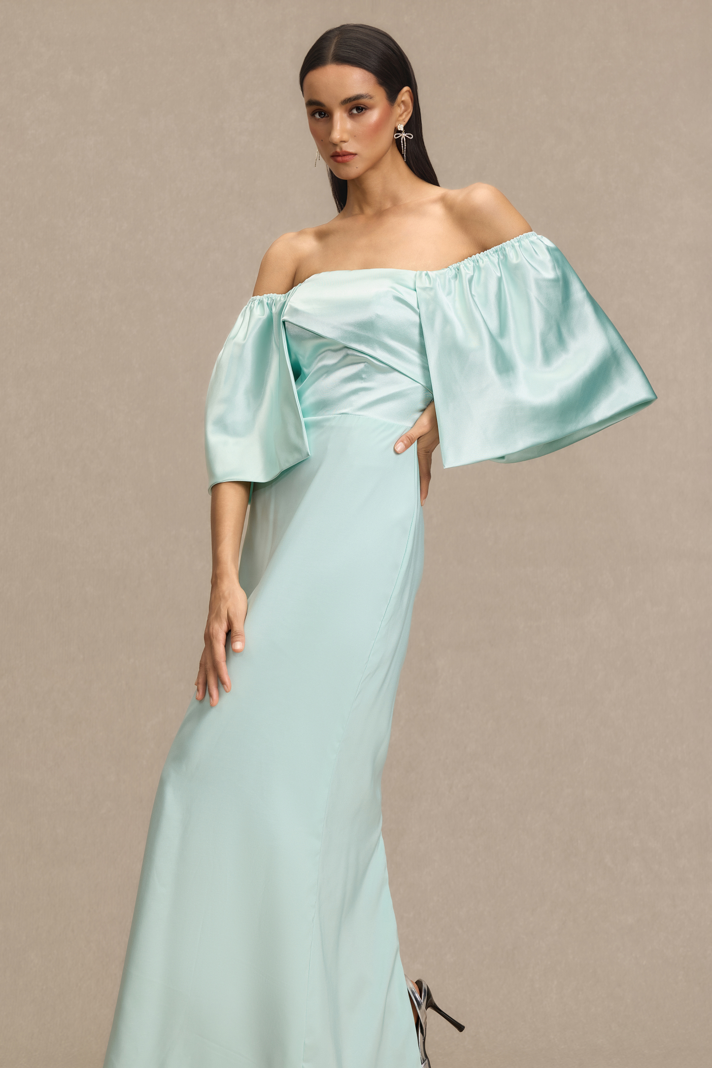 Satin Off Shoulder Pleated Maxi Dress