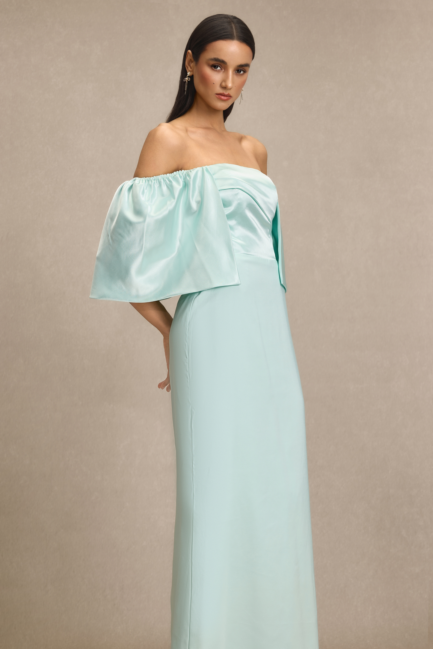 Satin Off Shoulder Pleated Maxi Dress