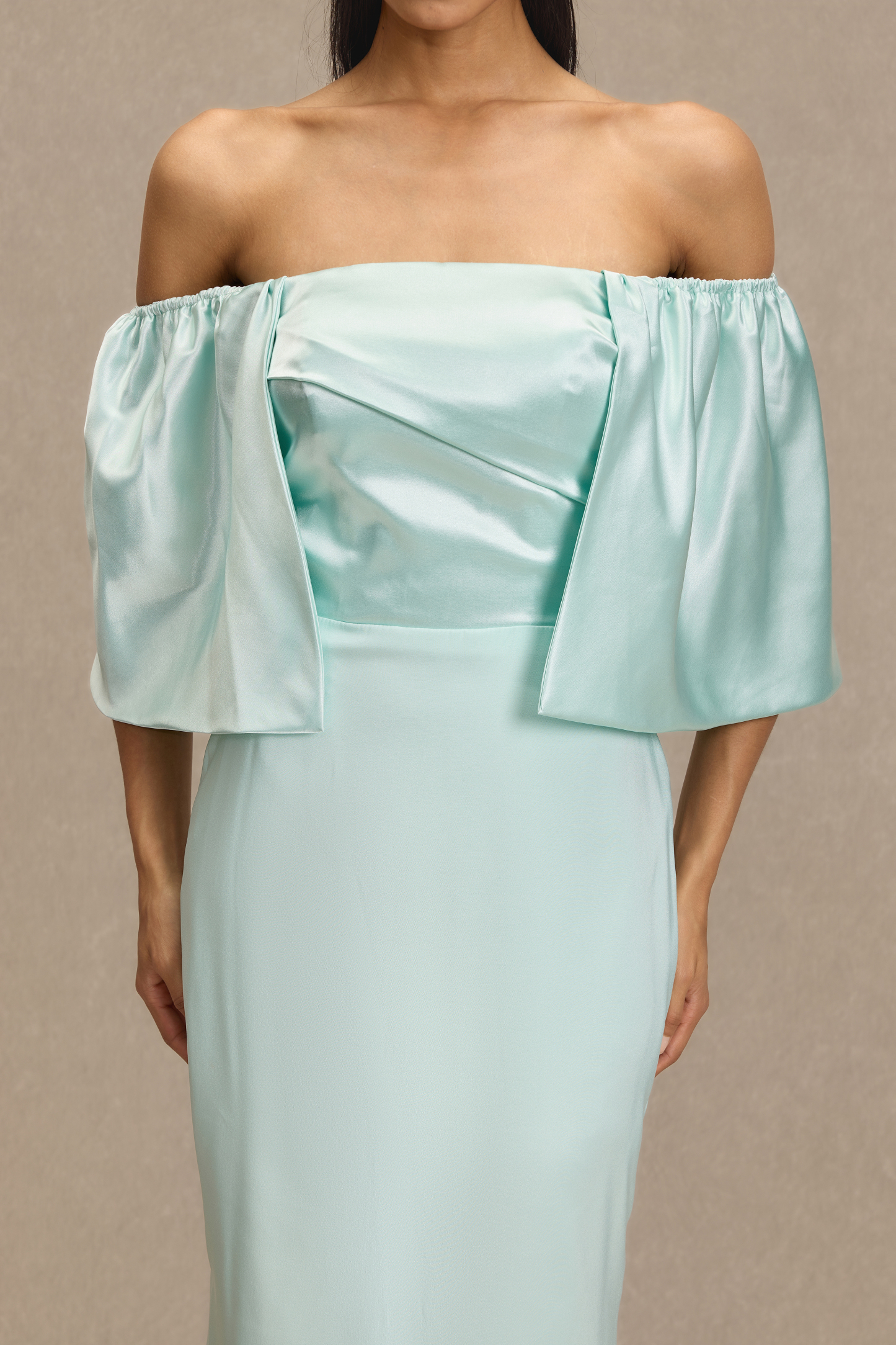 Satin Off Shoulder Pleated Maxi Dress