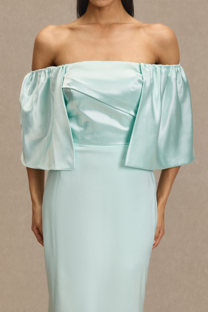 Satin Off Shoulder Pleated Maxi Dress