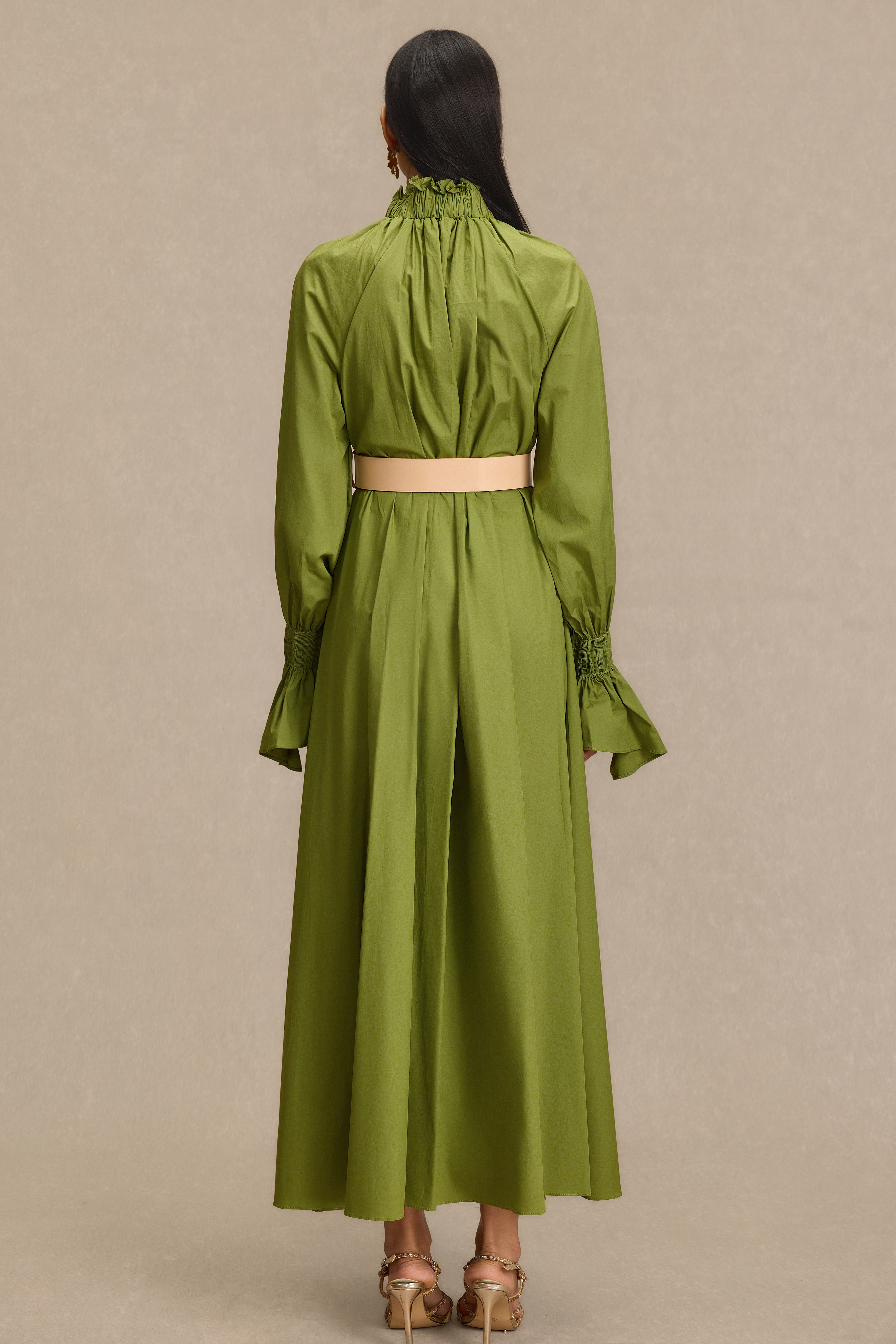 Lace-Up V-Neck Lantern Sleeve Maxi Dress With Belt