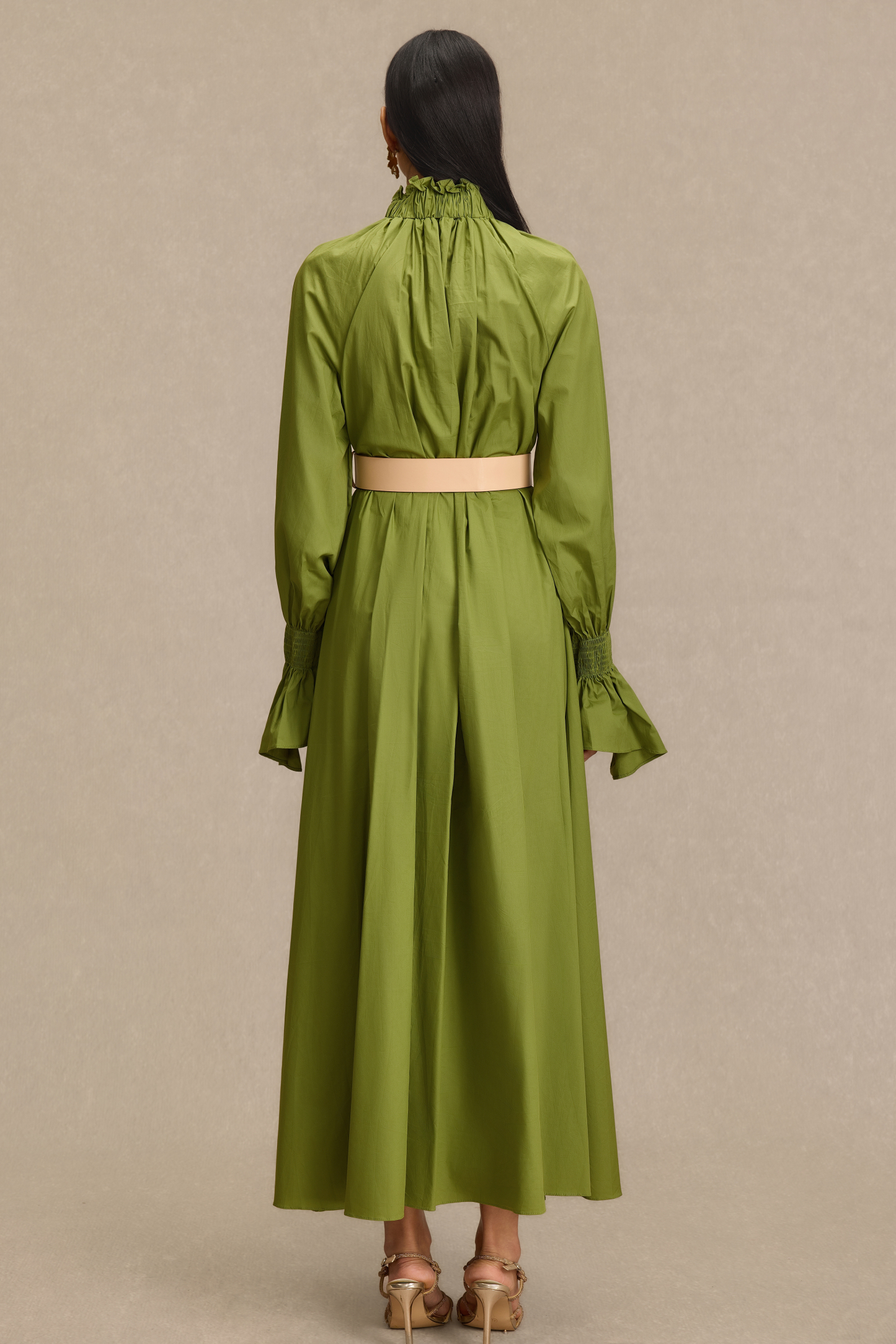 Lace-Up V-Neck Lantern Sleeve Maxi Dress With Belt