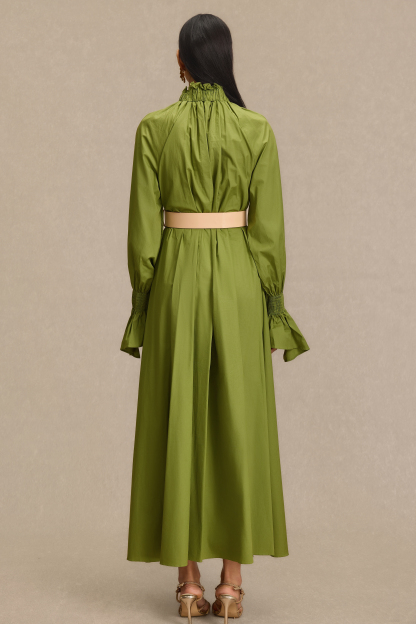 Lace-Up V-Neck Lantern Sleeve Maxi Dress With Belt