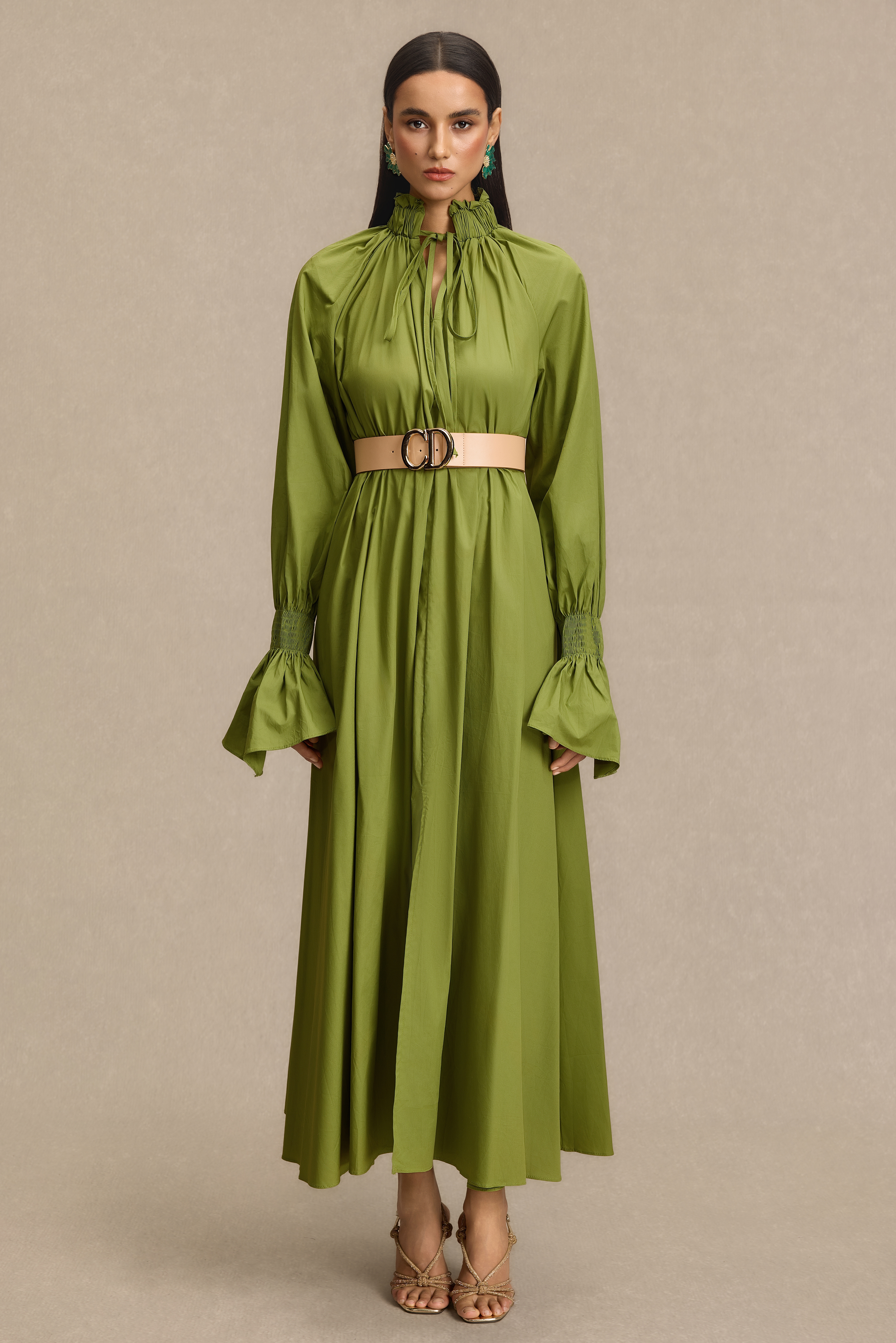 Lace-Up V-Neck Lantern Sleeve Maxi Dress With Belt