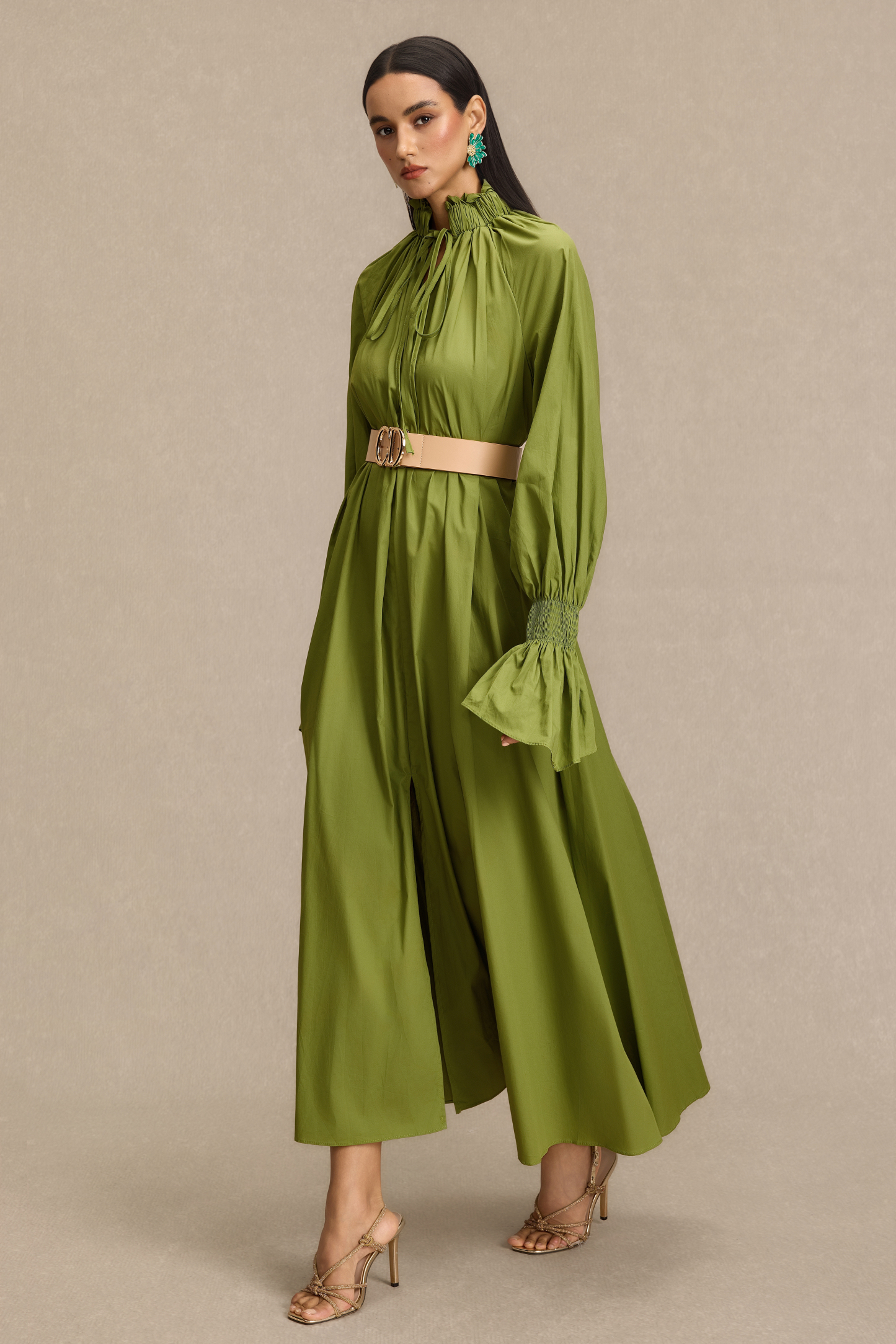 Lace-Up V-Neck Lantern Sleeve Maxi Dress With Belt