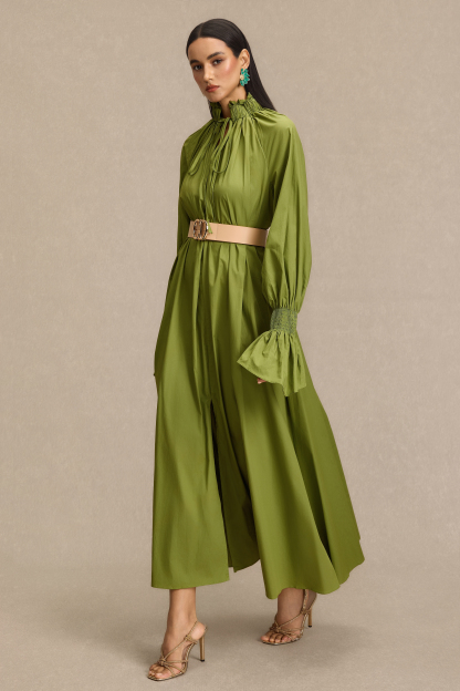 Lace-Up V-Neck Lantern Sleeve Maxi Dress With Belt