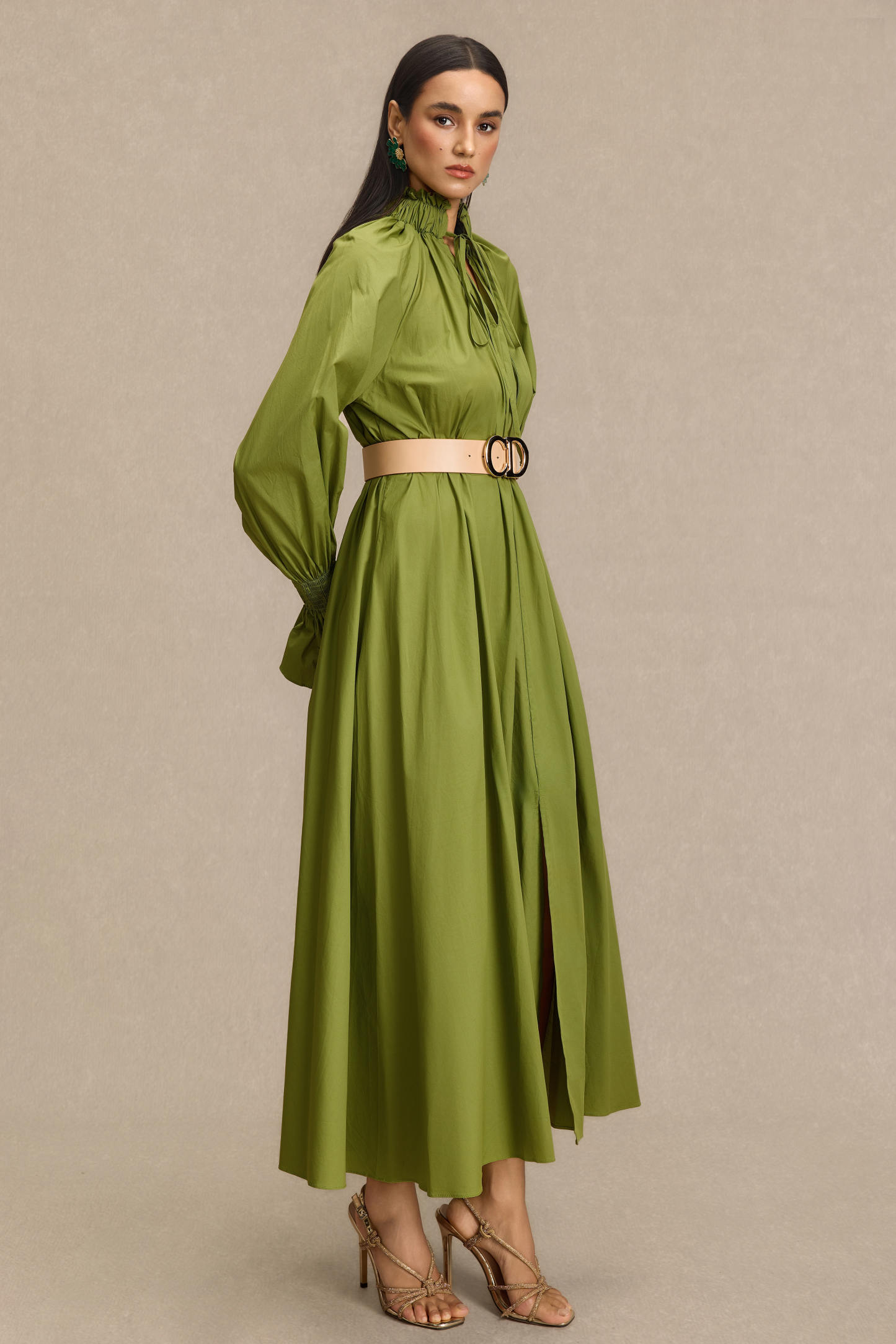 Lace-Up V-Neck Lantern Sleeve Maxi Dress With Belt