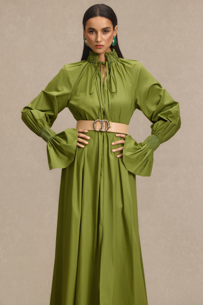 Lace-Up V-Neck Lantern Sleeve Maxi Dress With Belt