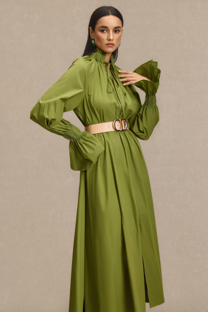 Lace-Up V-Neck Lantern Sleeve Maxi Dress With Belt