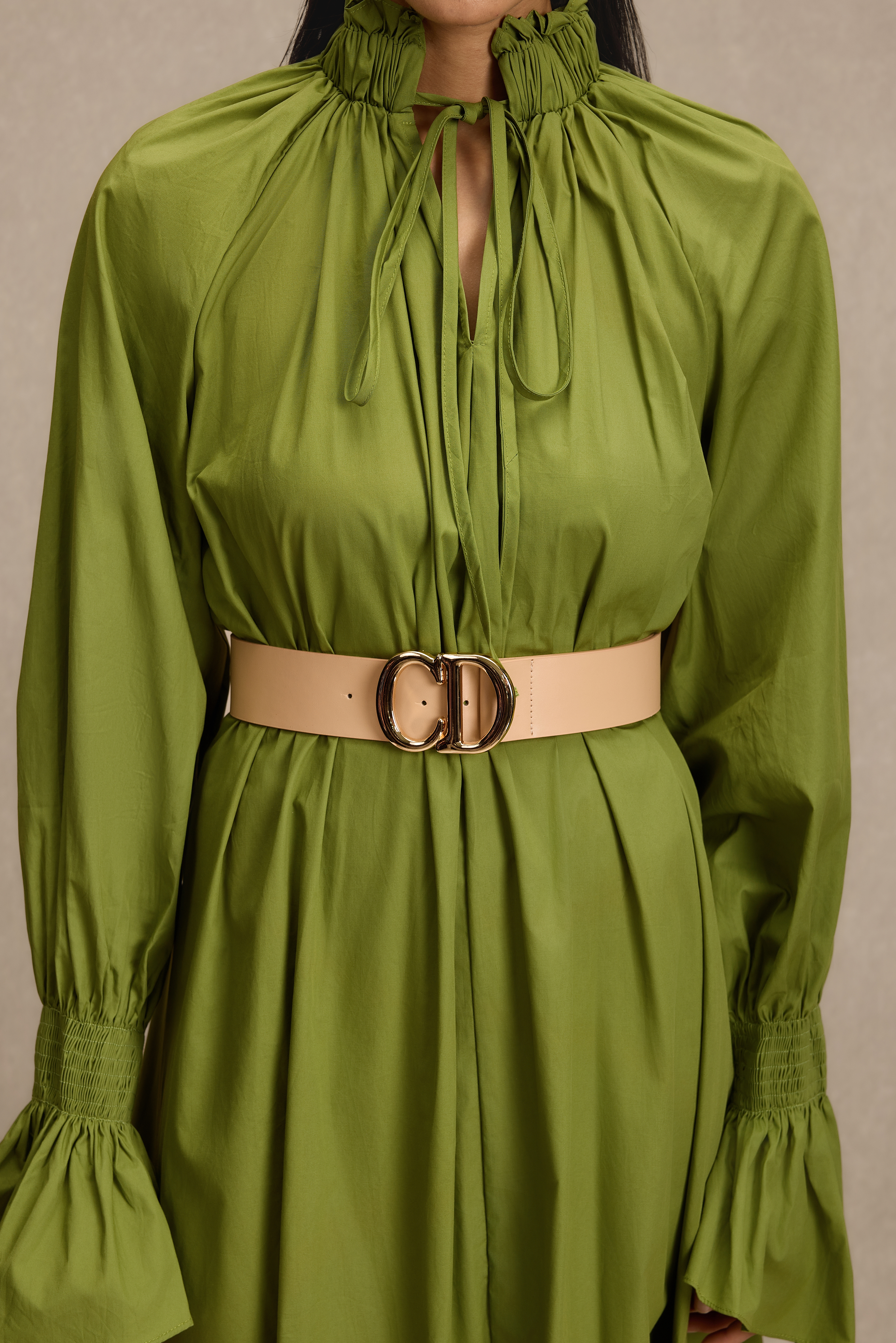 Lace-Up V-Neck Lantern Sleeve Maxi Dress With Belt