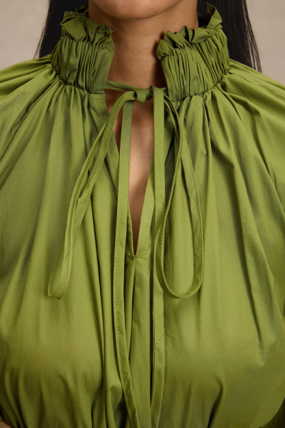 Lace-Up V-Neck Lantern Sleeve Maxi Dress With Belt