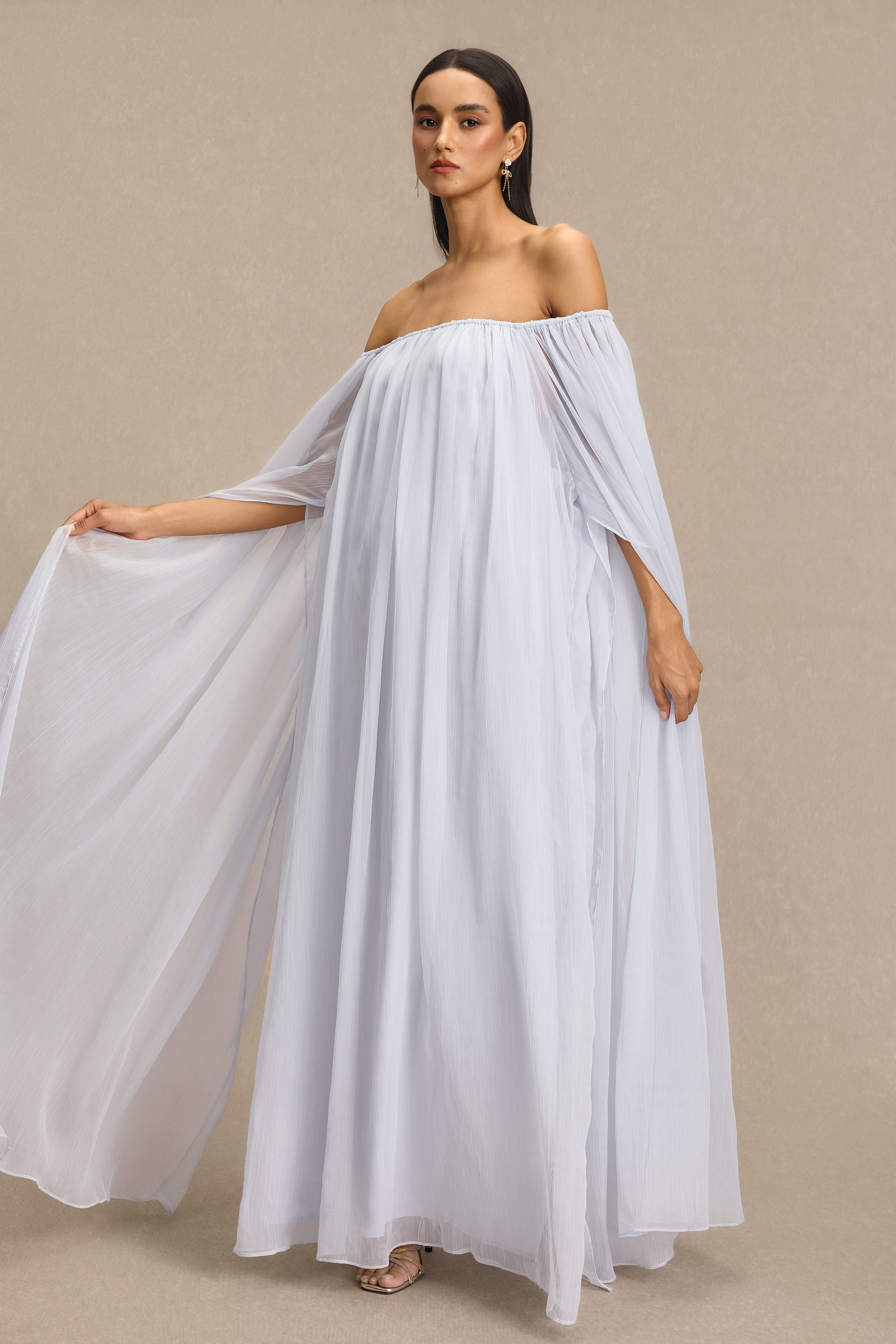 Solid Off Shoulder Cape Sleeve Maxi Dress