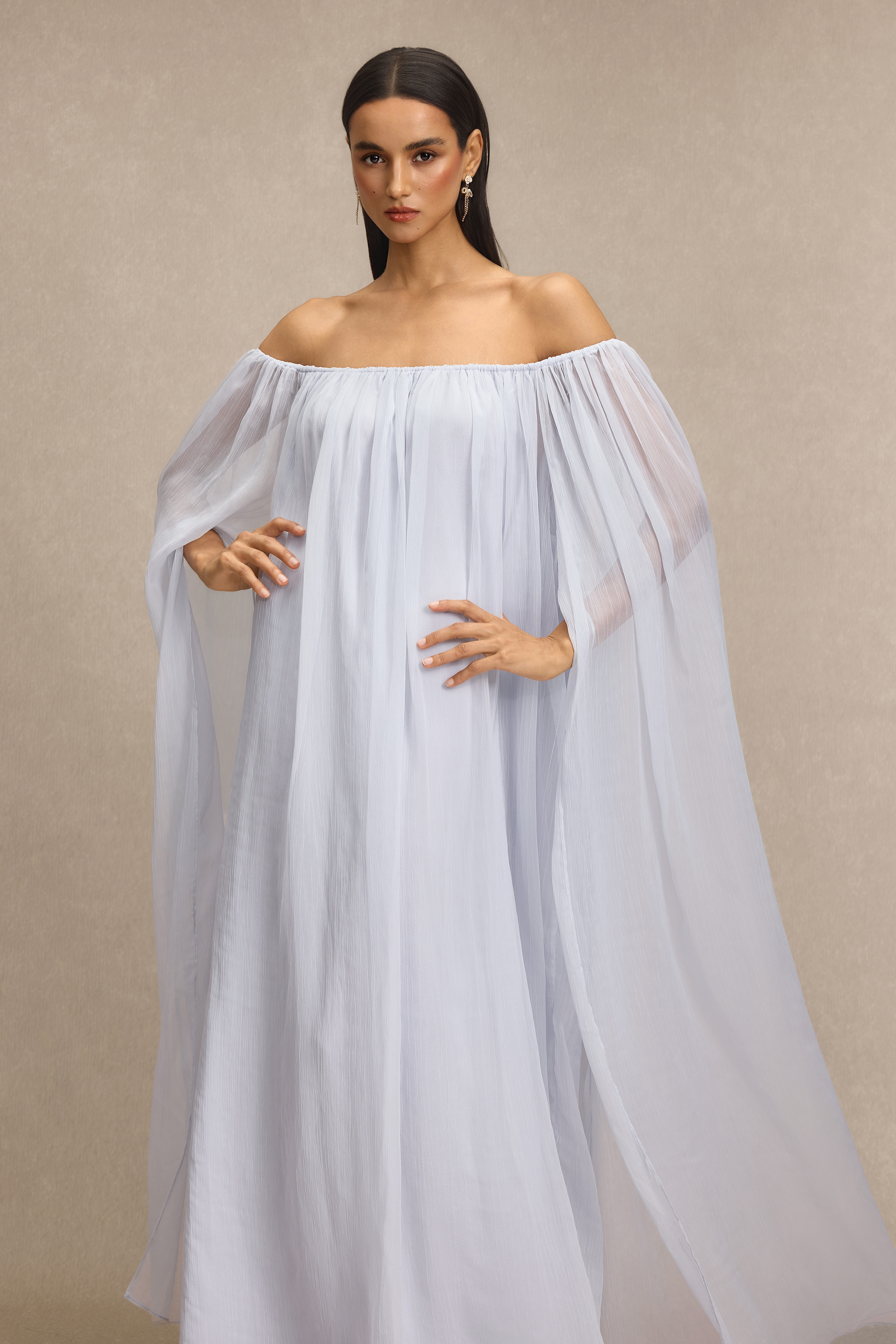 Solid Off Shoulder Cape Sleeve Maxi Dress