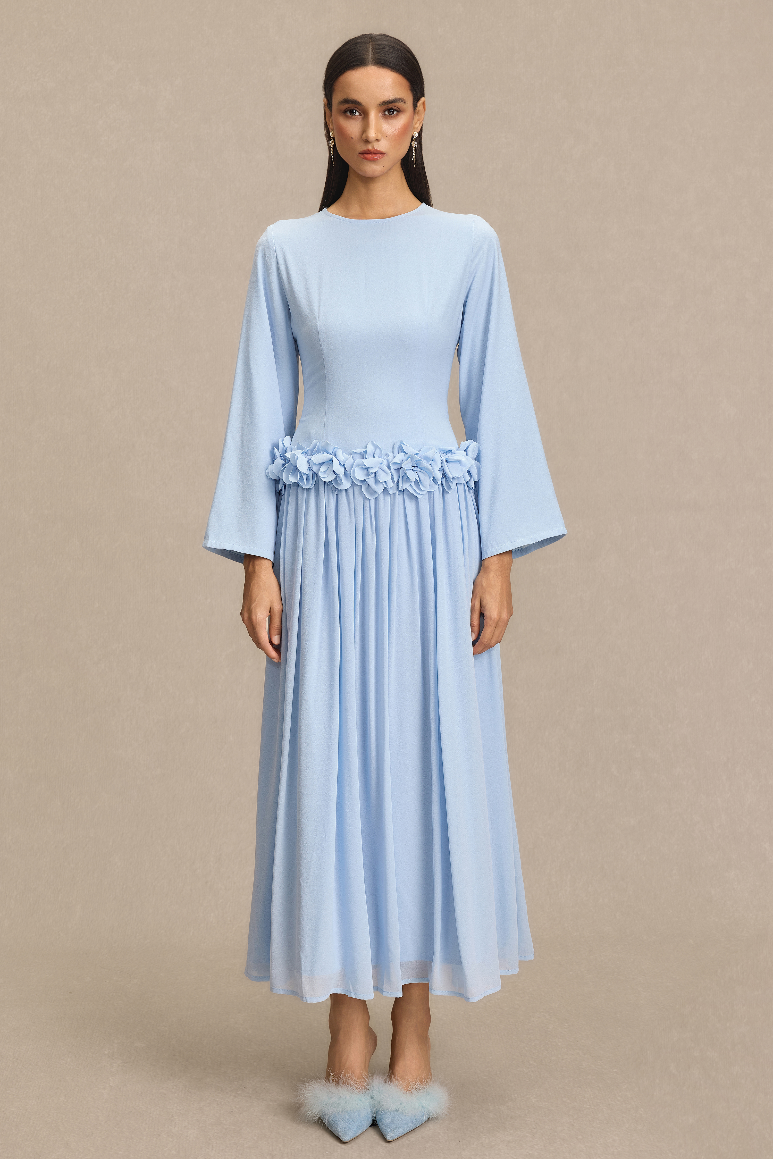 3D Flower Long Sleeve Midi Dress