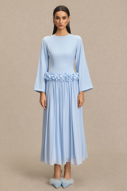 3D Flower Long Sleeve Midi Dress
