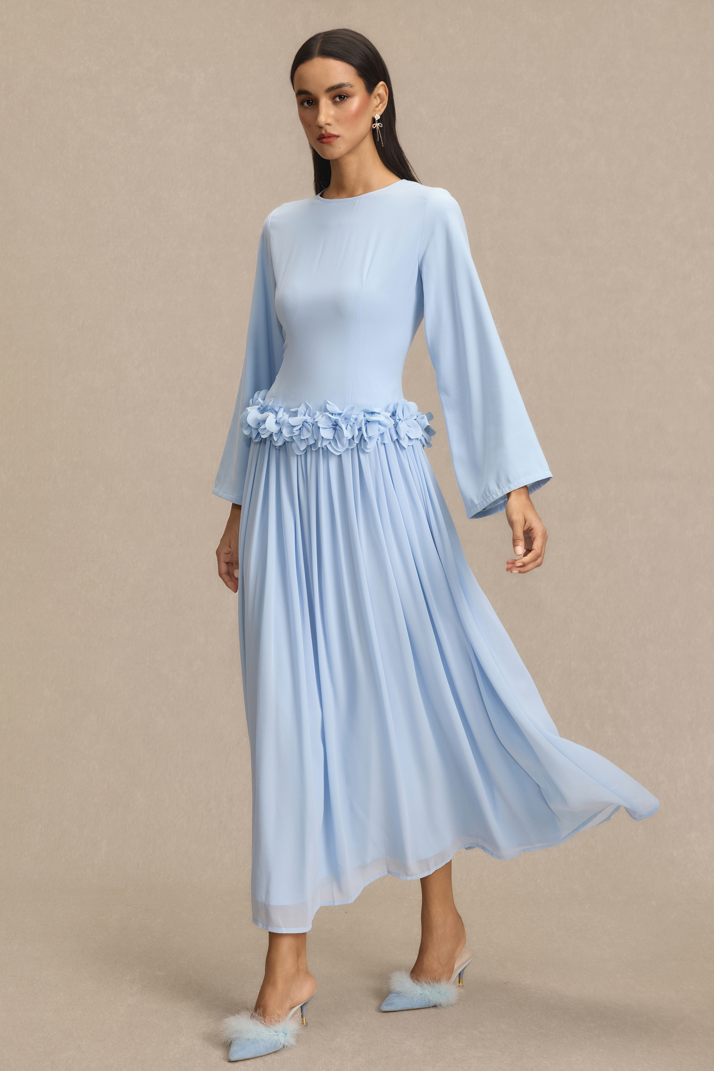 3D Flower Long Sleeve Midi Dress
