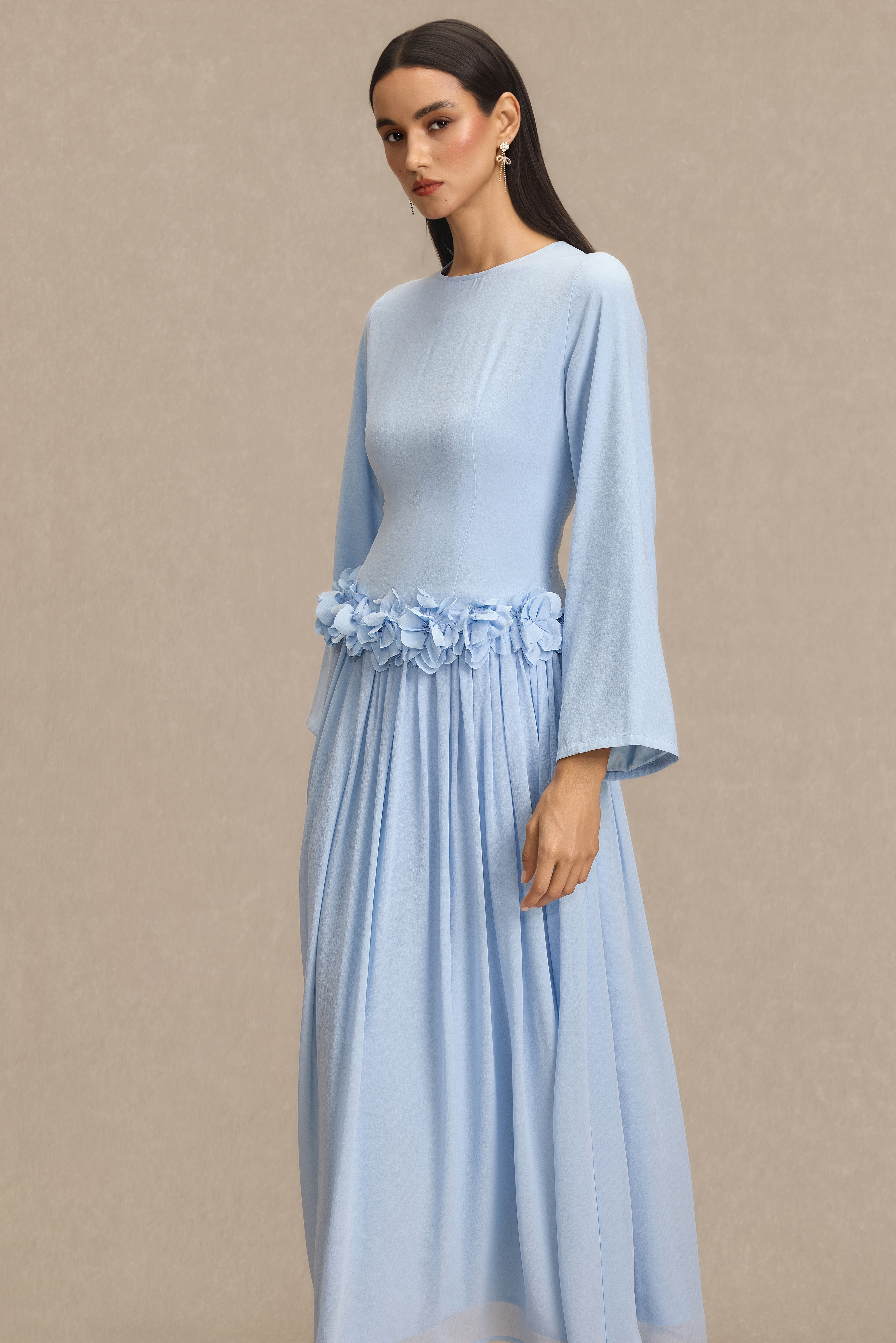 3D Flower Long Sleeve Midi Dress