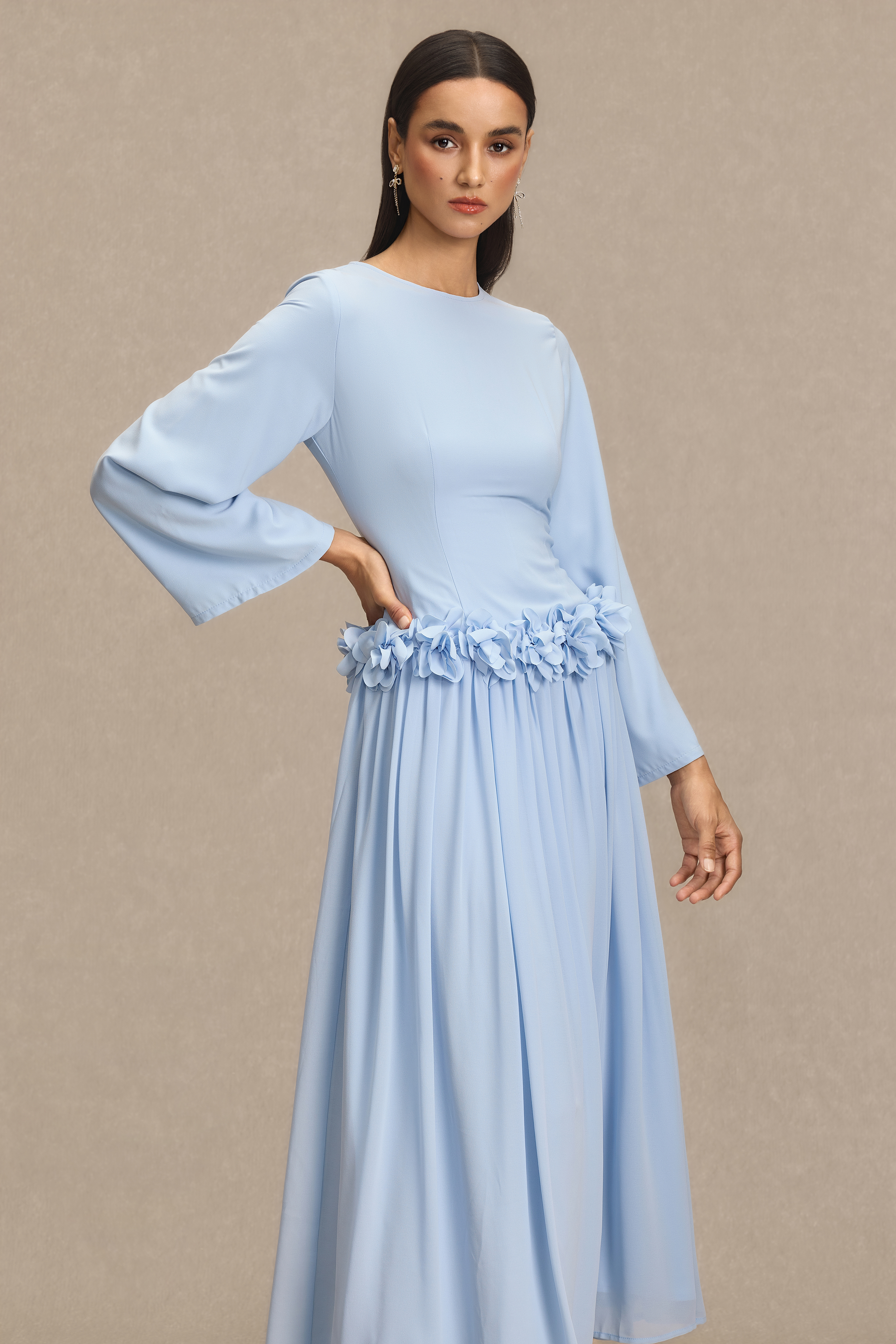 3D Flower Long Sleeve Midi Dress