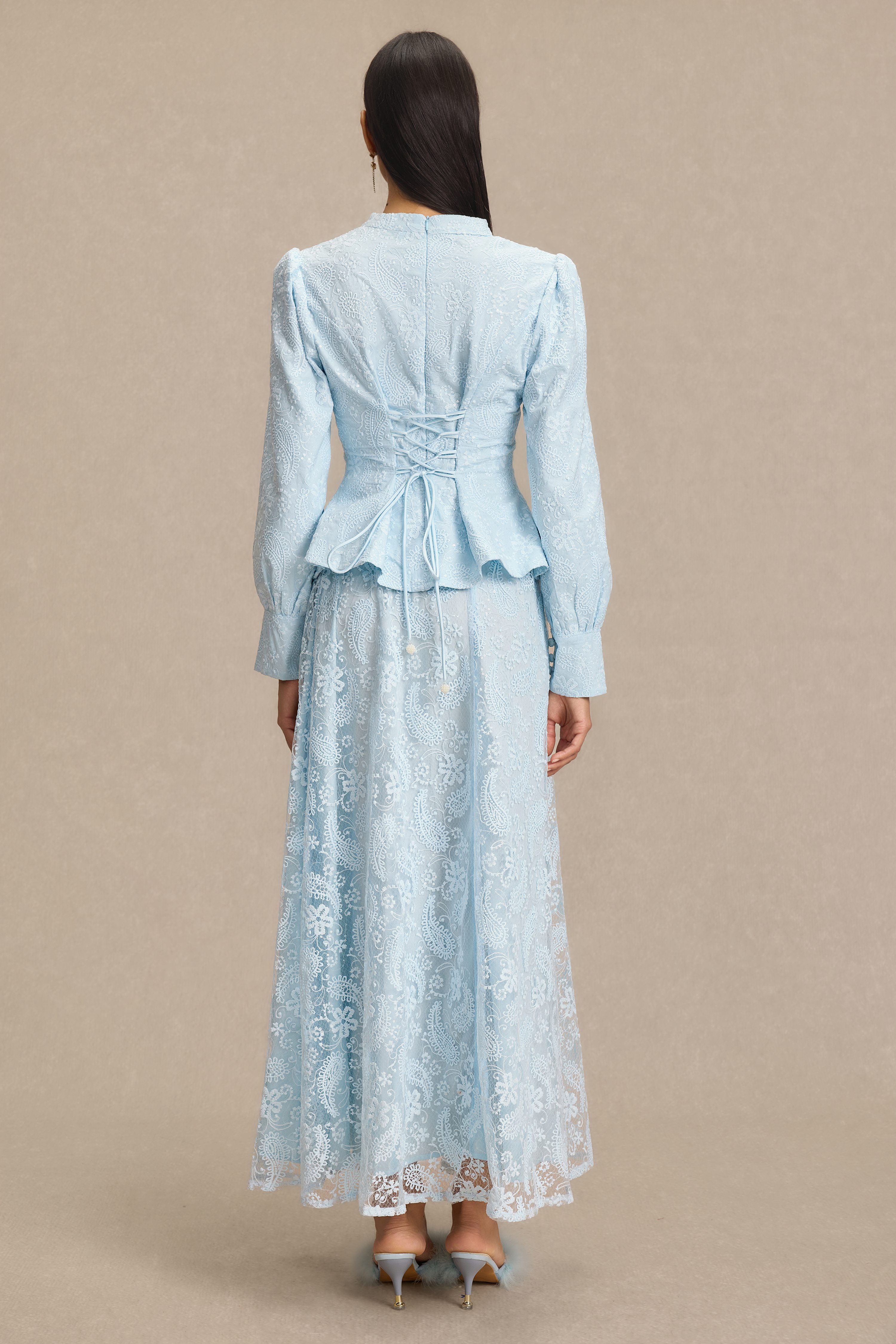 Lace V-Neck Top & High Waist Midi Skirt Set