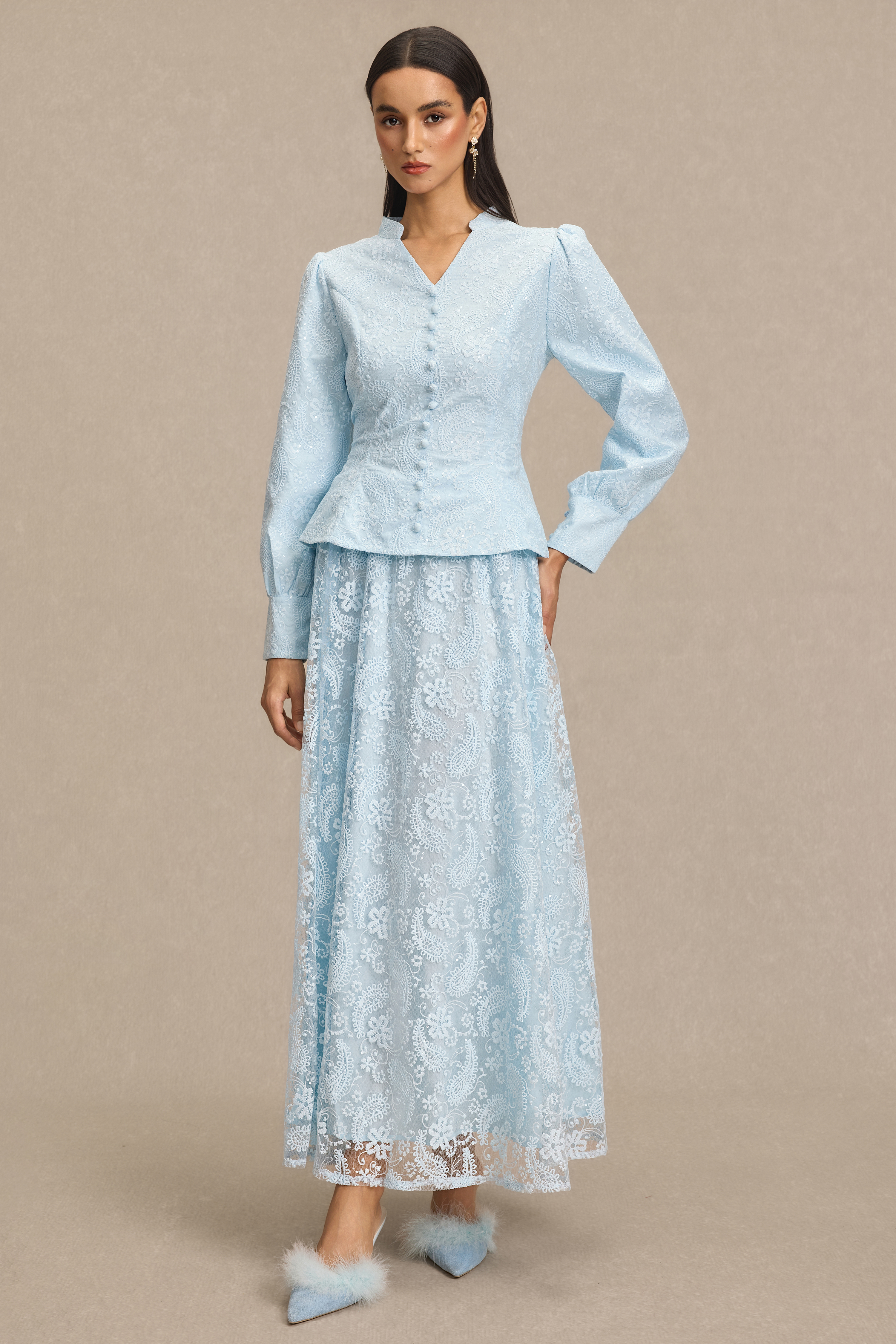 Lace V-Neck Top & High Waist Midi Skirt Set
