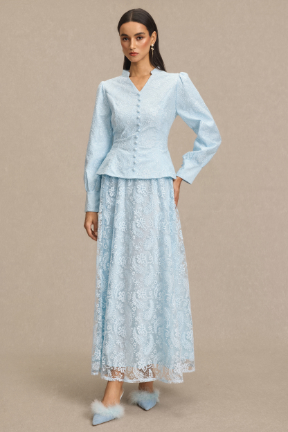 Lace V-Neck Top & High Waist Midi Skirt Set