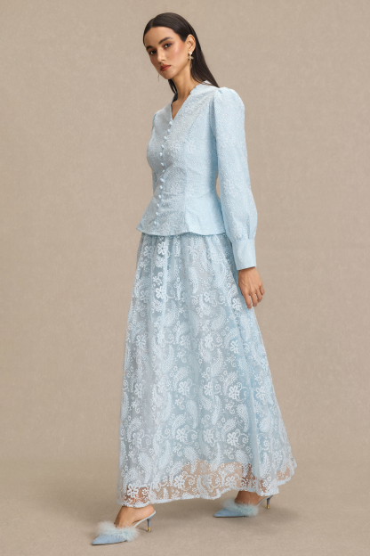 Lace V-Neck Top & High Waist Midi Skirt Set