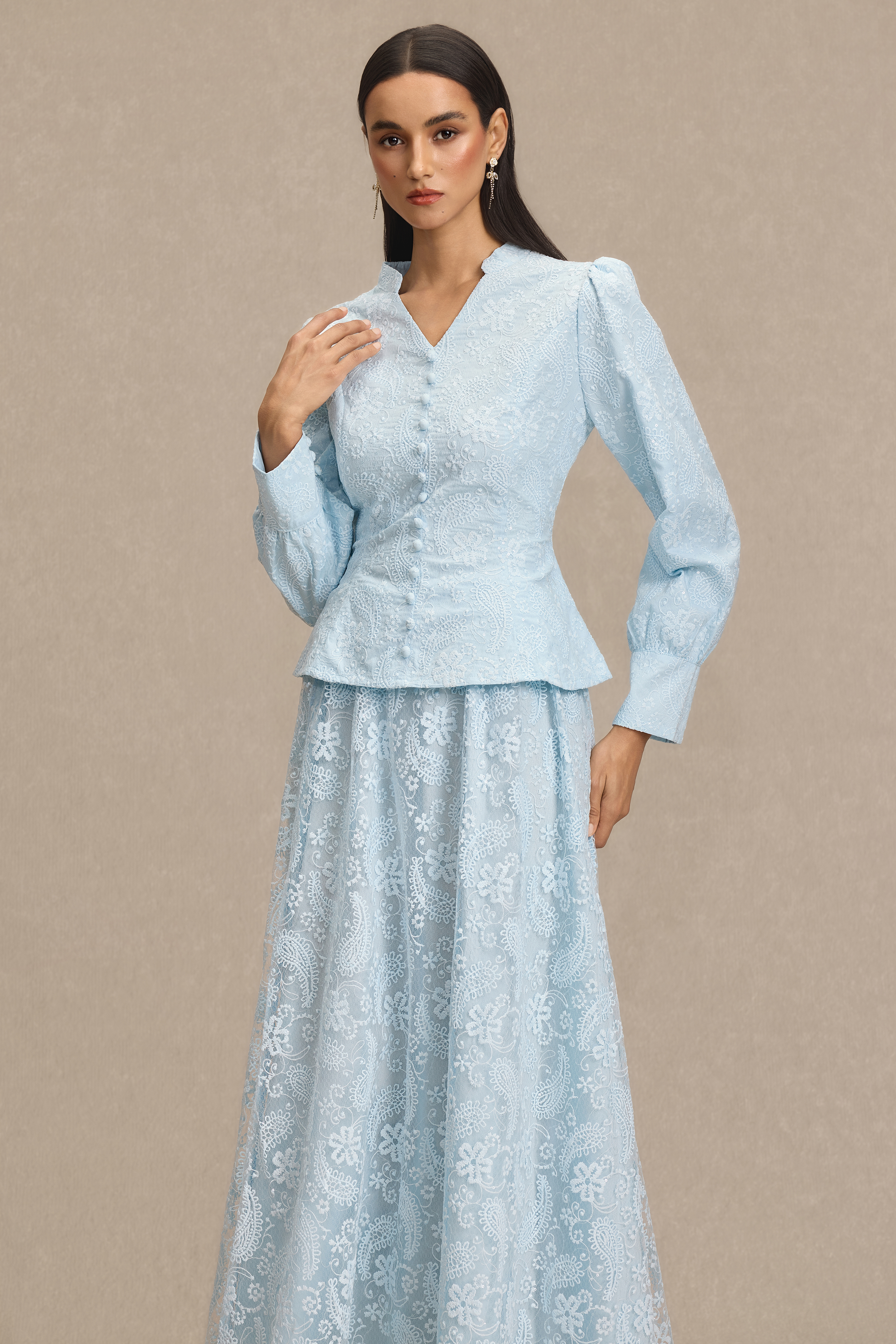 Lace V-Neck Top & High Waist Midi Skirt Set