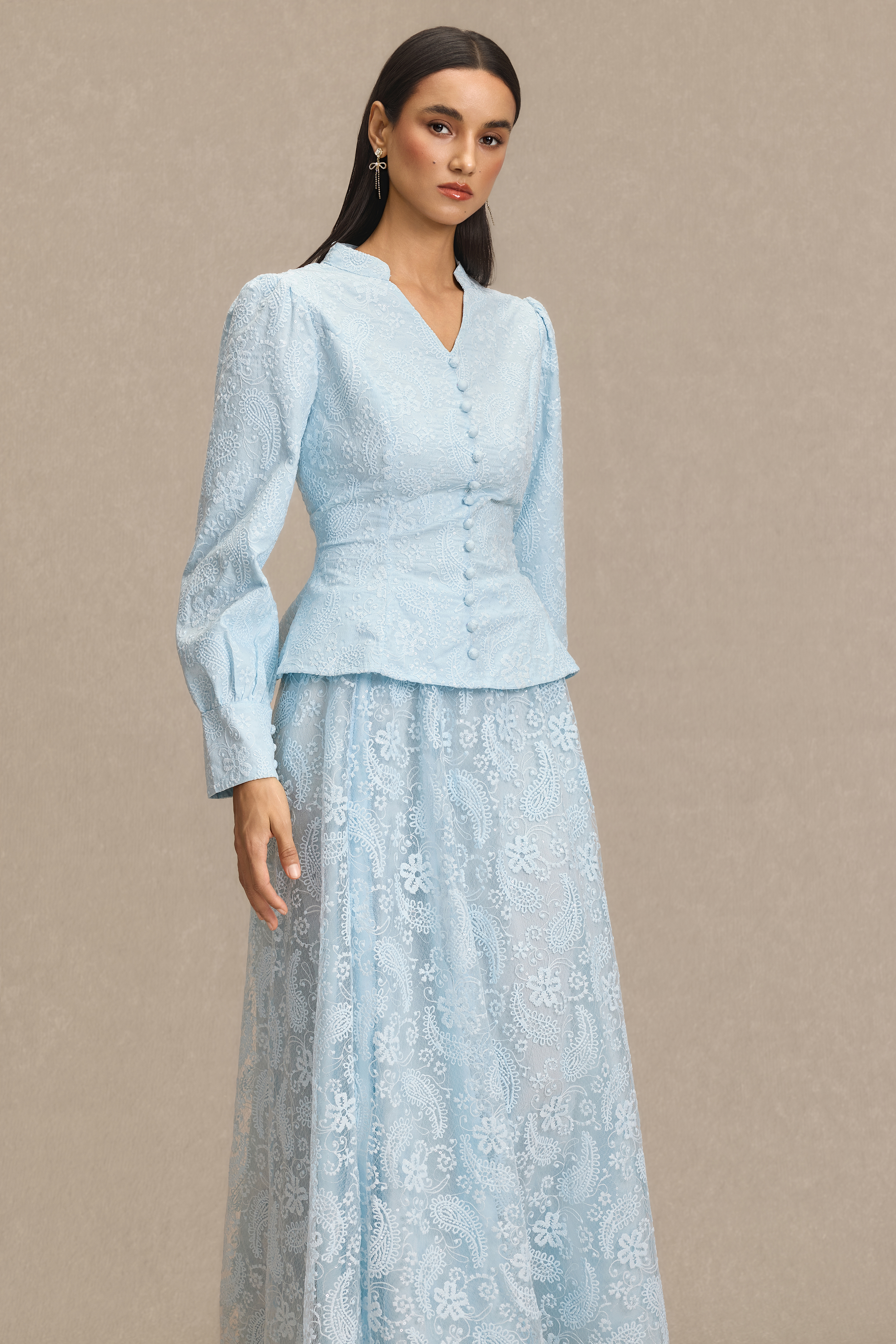 Lace V-Neck Top & High Waist Midi Skirt Set