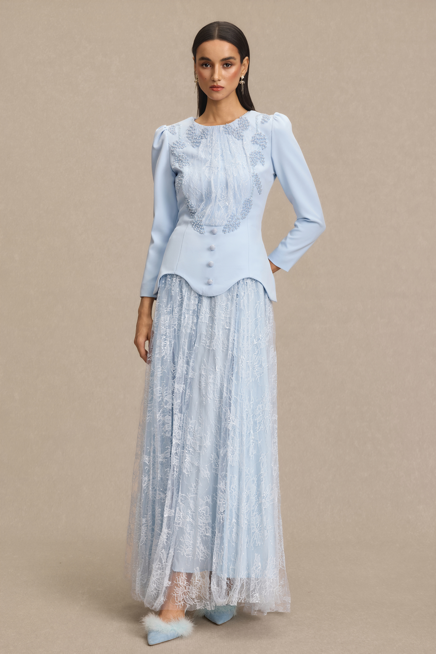 Lace Beaded Top & Mid Waist Maxi Skirt Set