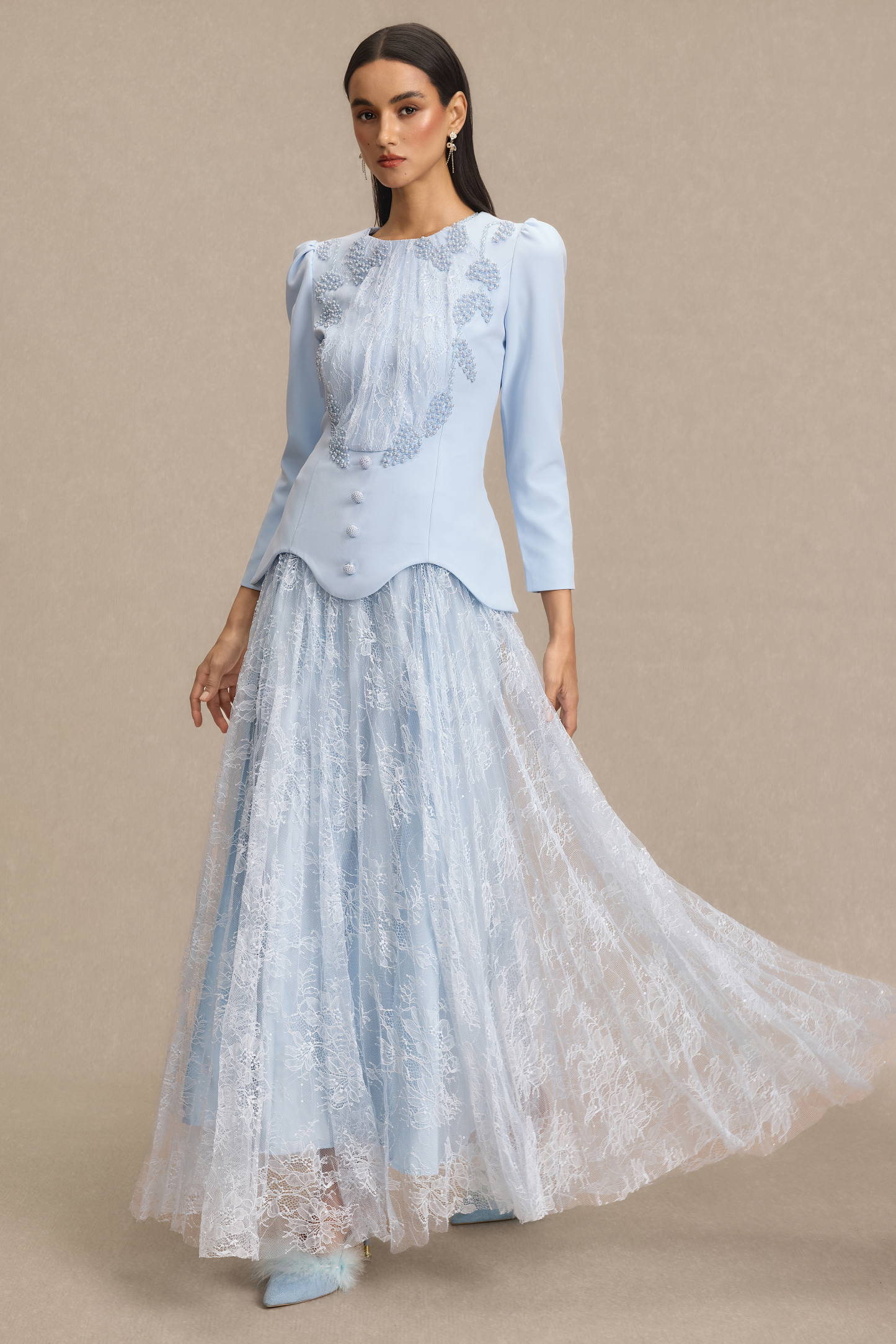 Lace Beaded Top & Mid Waist Maxi Skirt Set