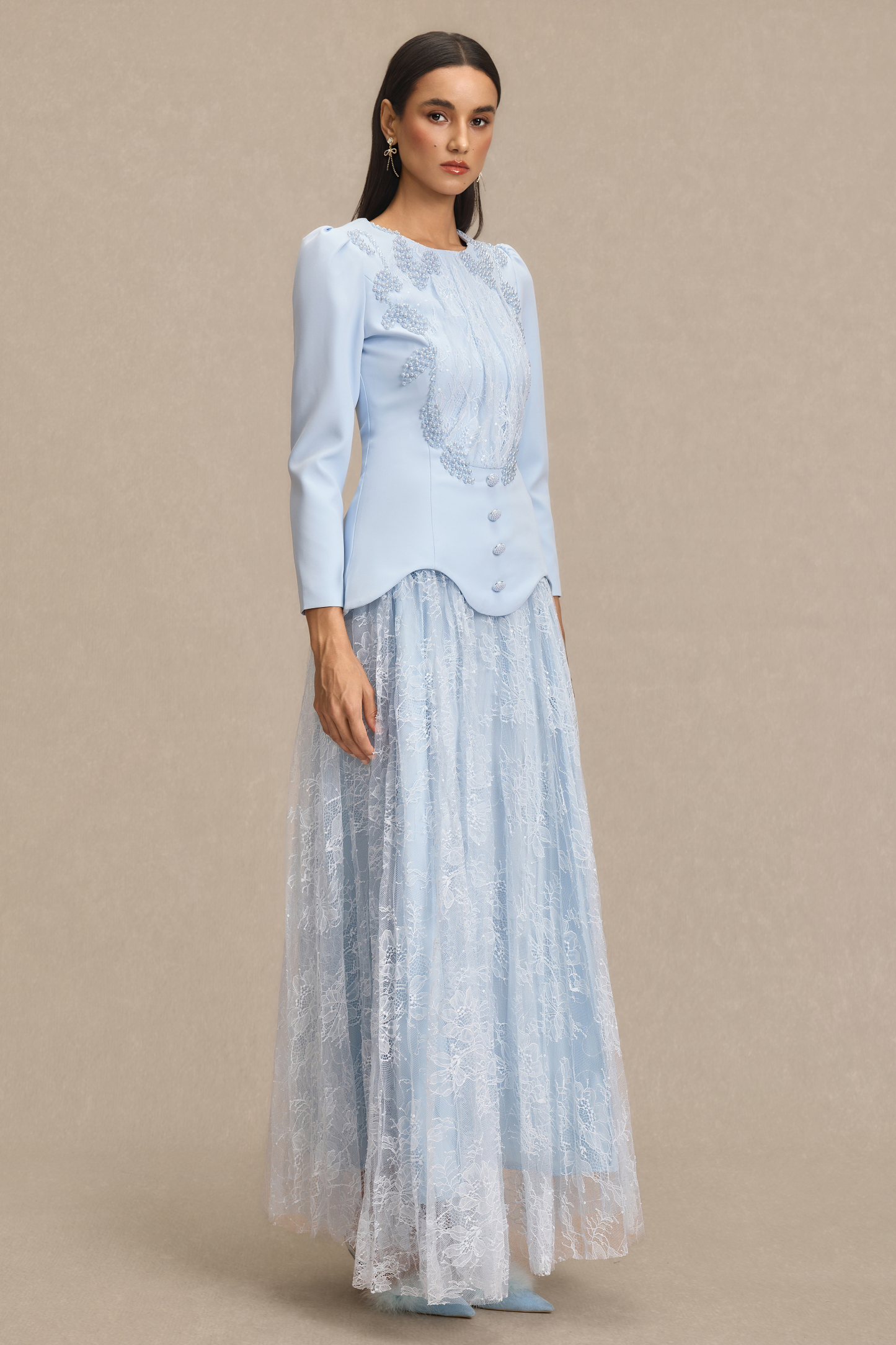 Lace Beaded Top & Mid Waist Maxi Skirt Set