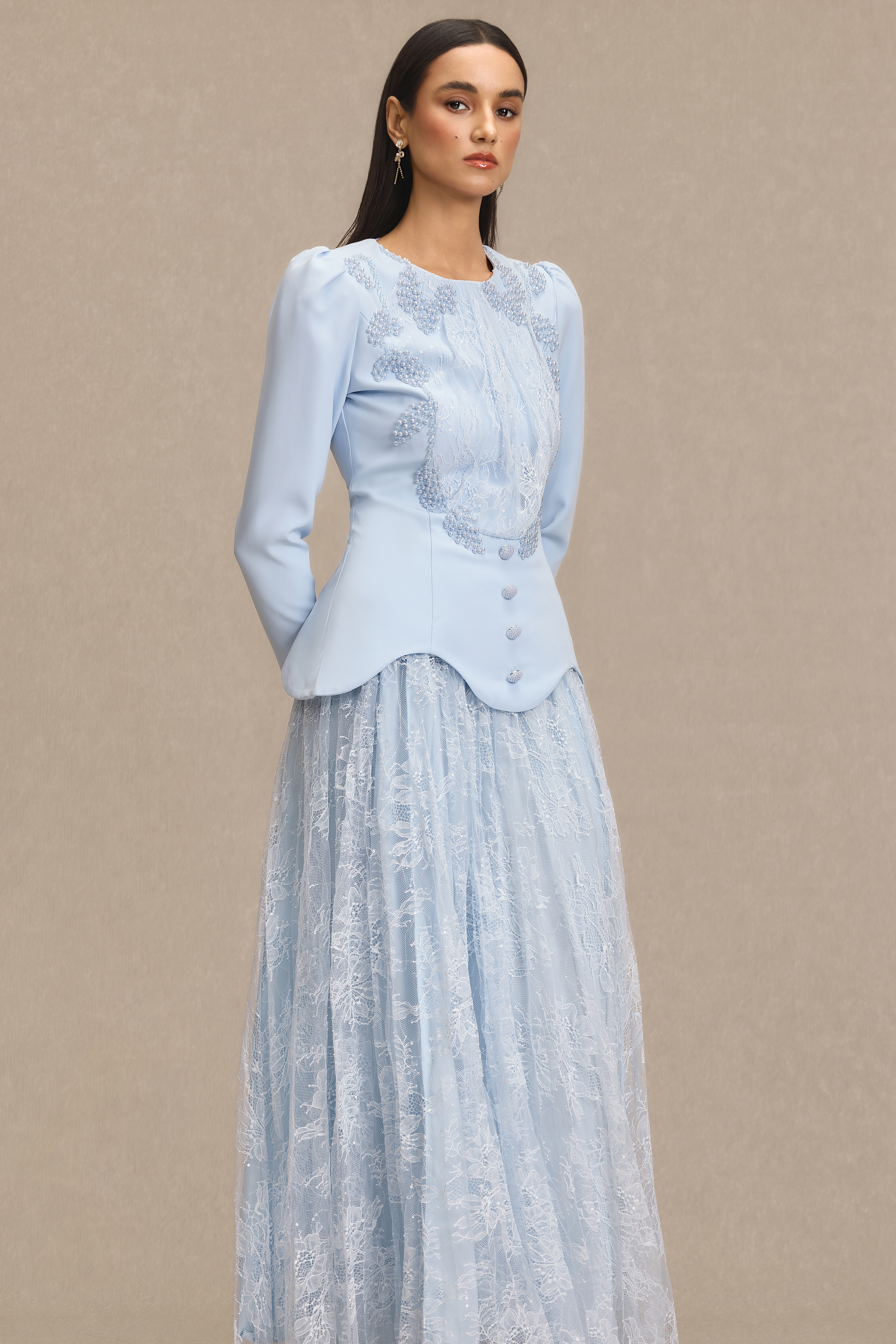 Lace Beaded Top & Mid Waist Maxi Skirt Set