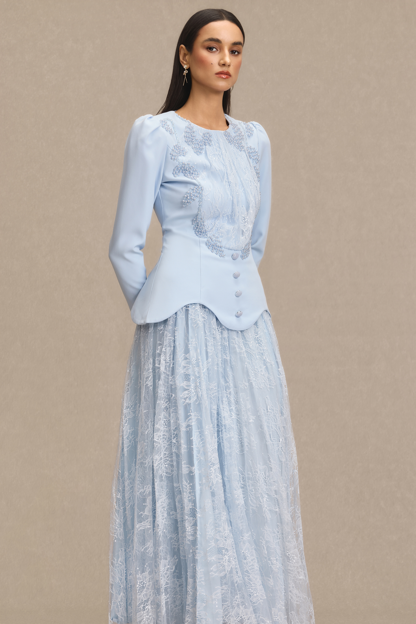 Lace Beaded Top & Mid Waist Maxi Skirt Set