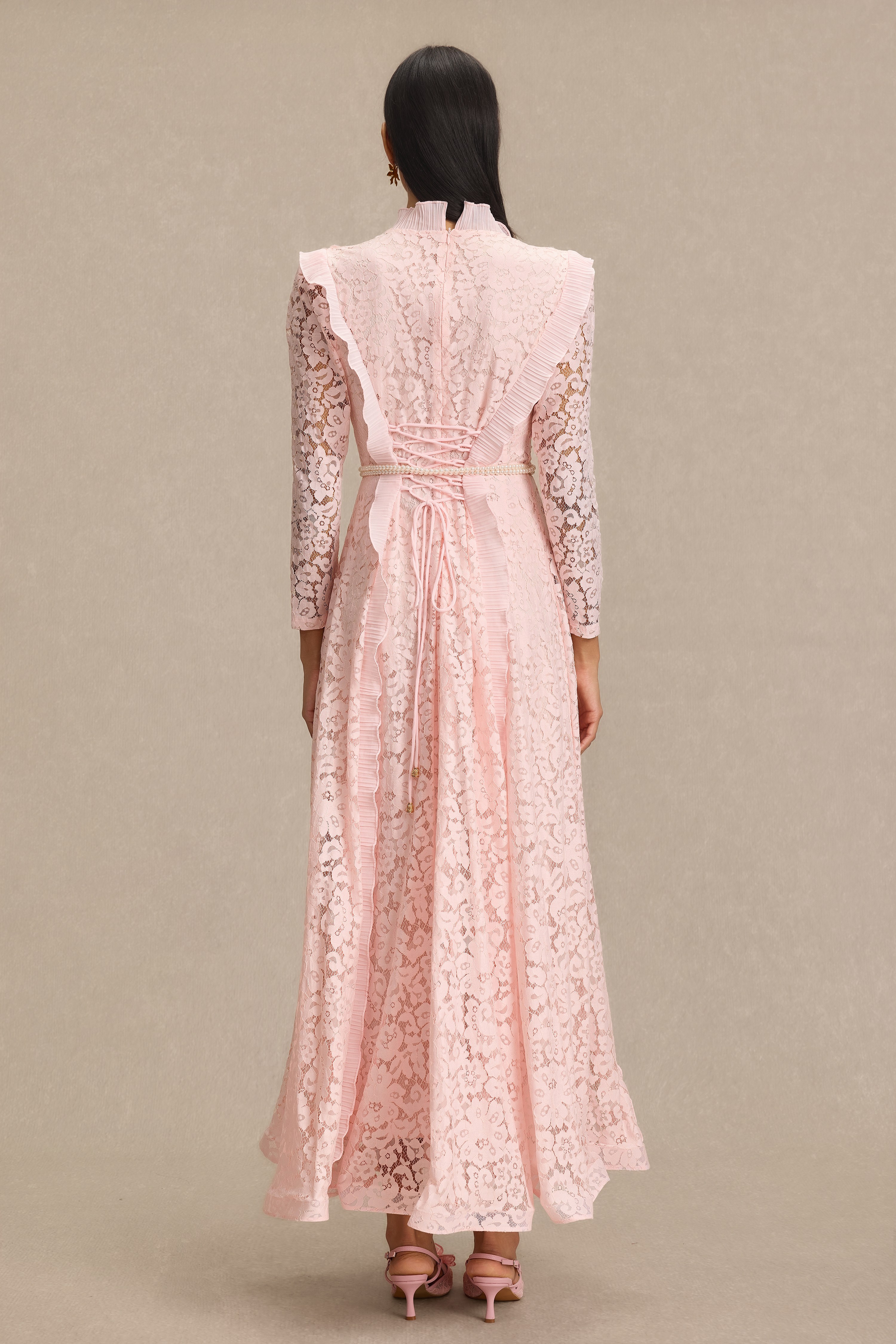 Lace 3D Flower Frill Maxi Dress With Belt