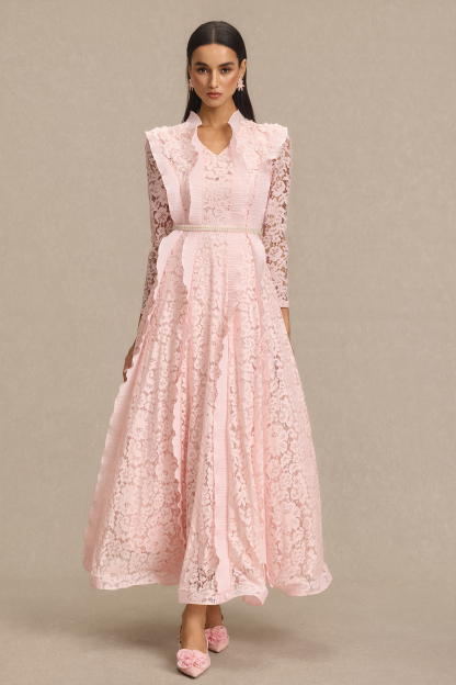 Lace 3D Flower Frill Maxi Dress With Belt