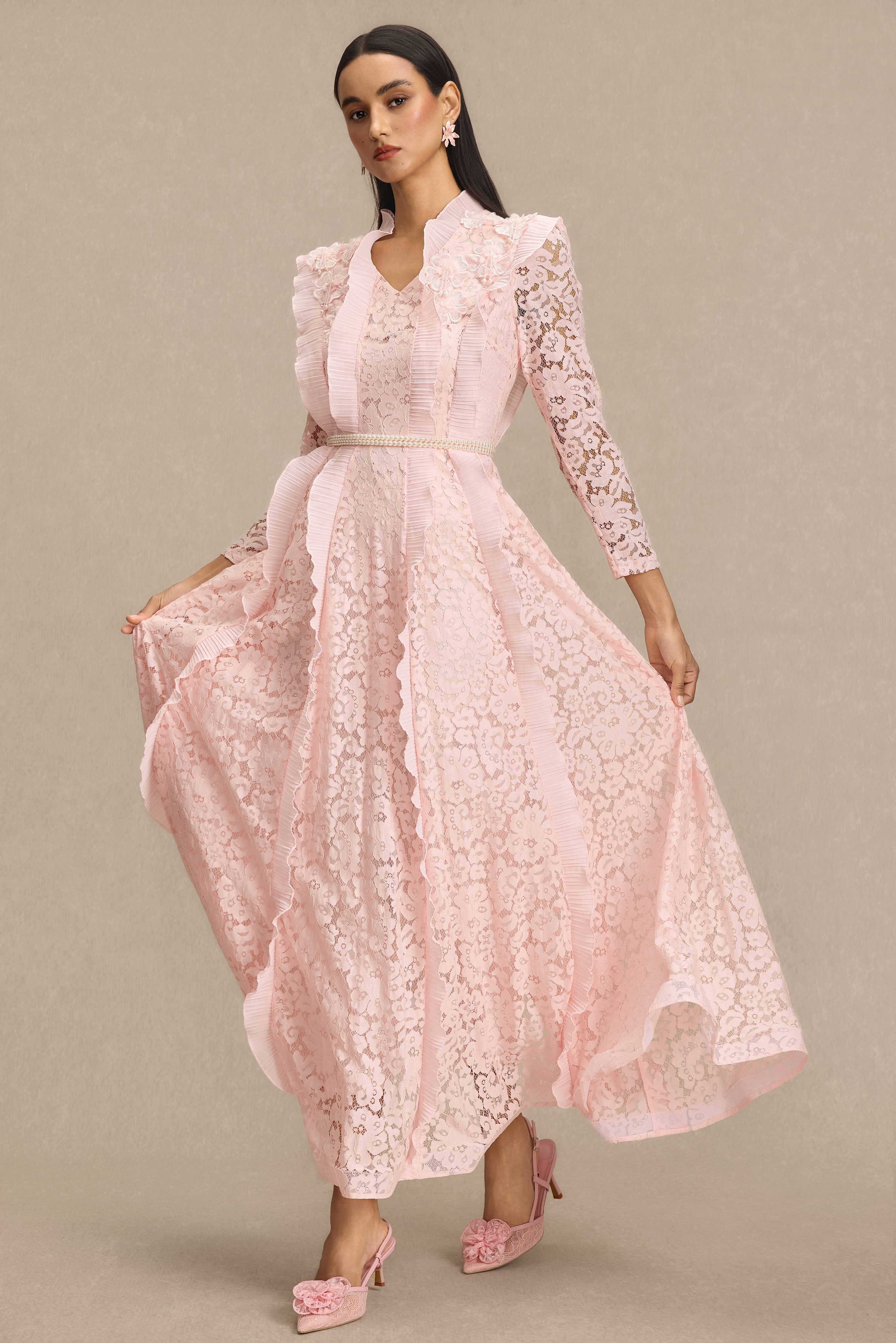 Lace 3D Flower Frill Maxi Dress With Belt