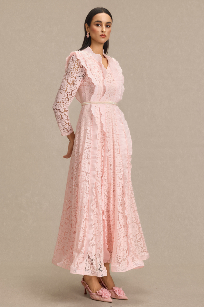 Lace 3D Flower Frill Maxi Dress With Belt