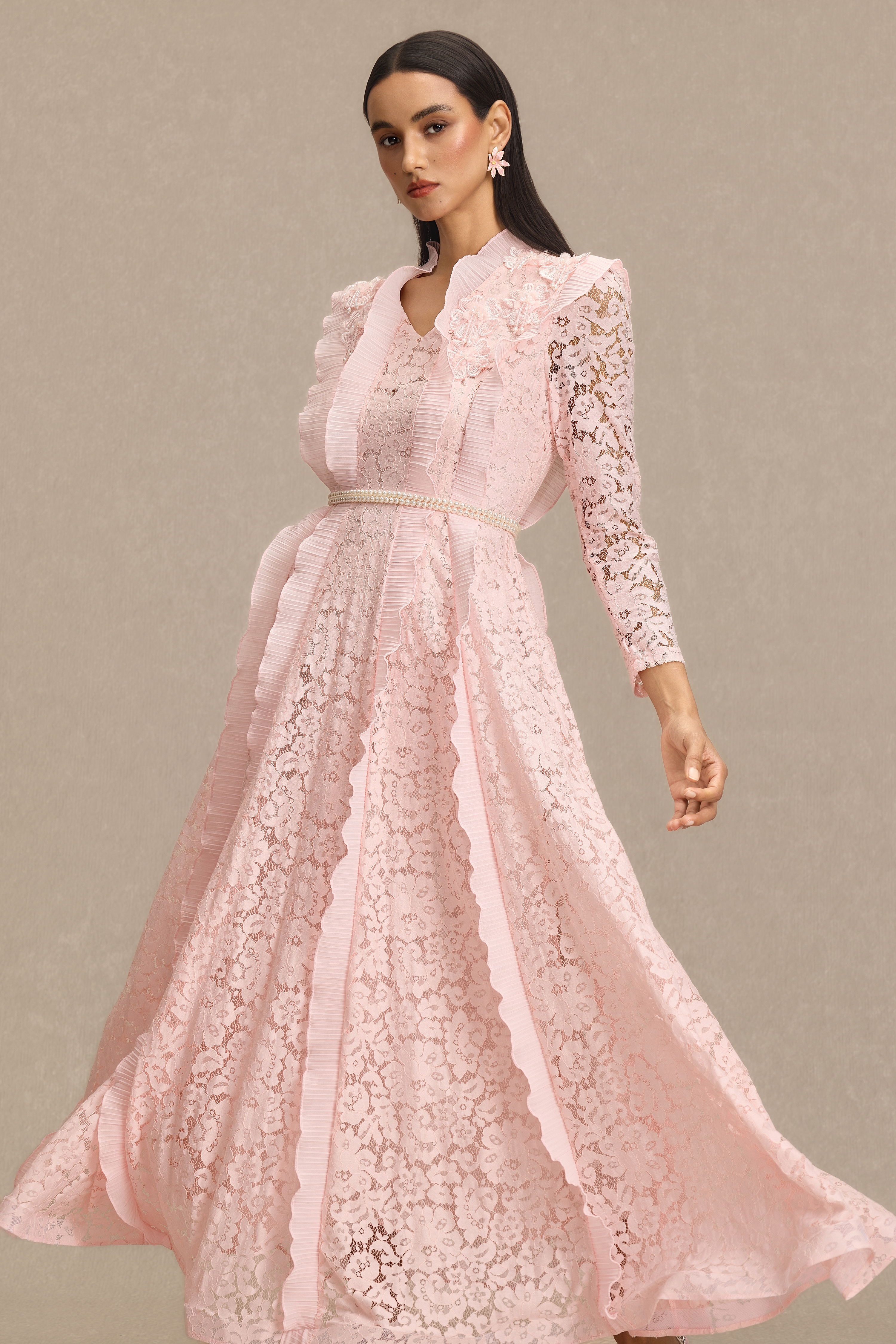Lace 3D Flower Frill Maxi Dress With Belt